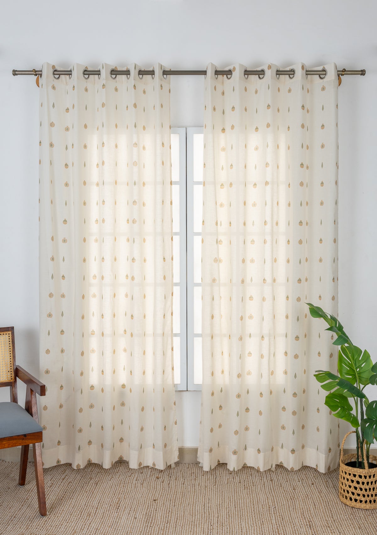 Madhuram Green & Beige Ethnic 100% Cotton Sheer Printed Curtain For Livingroom / Bedroom | Light Filtering | Single Piece