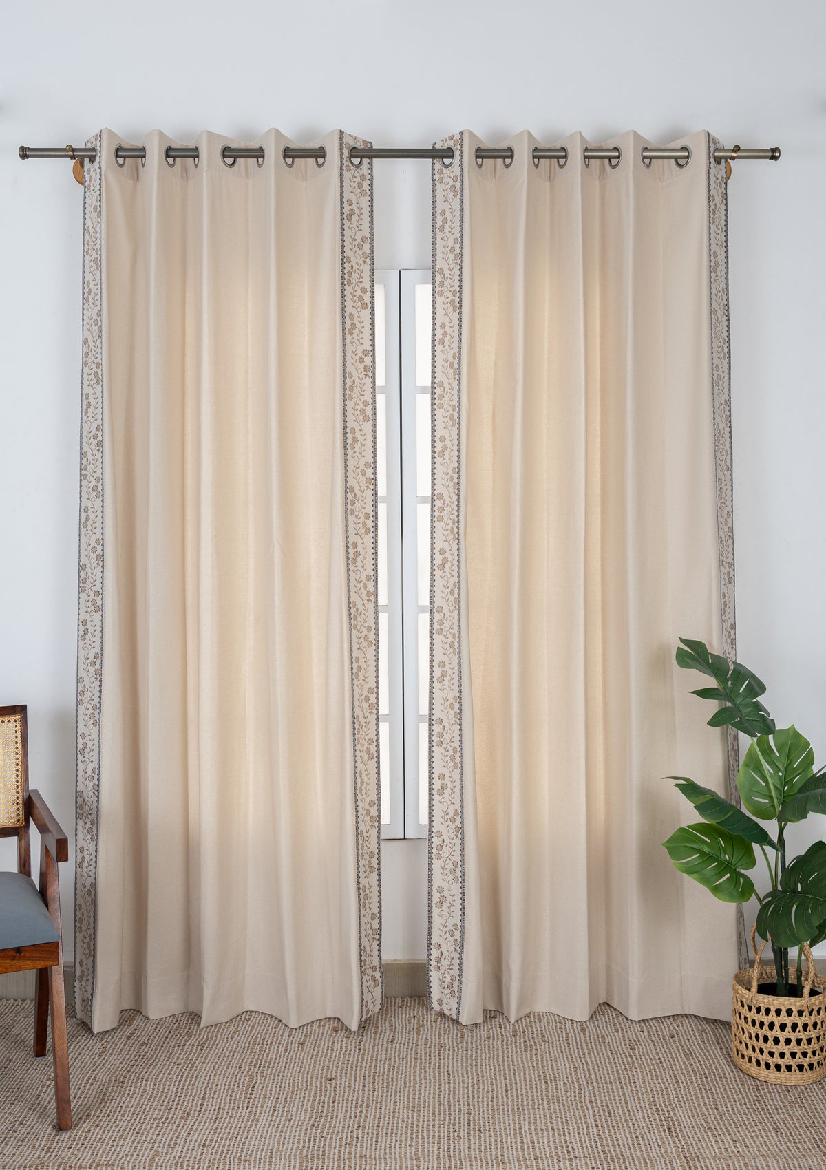 Mogra Beige Brown & Grey Floral 100% Cotton Embroidered Curtain For Livingroom / Bedroom | Light Reduction | Single Piece