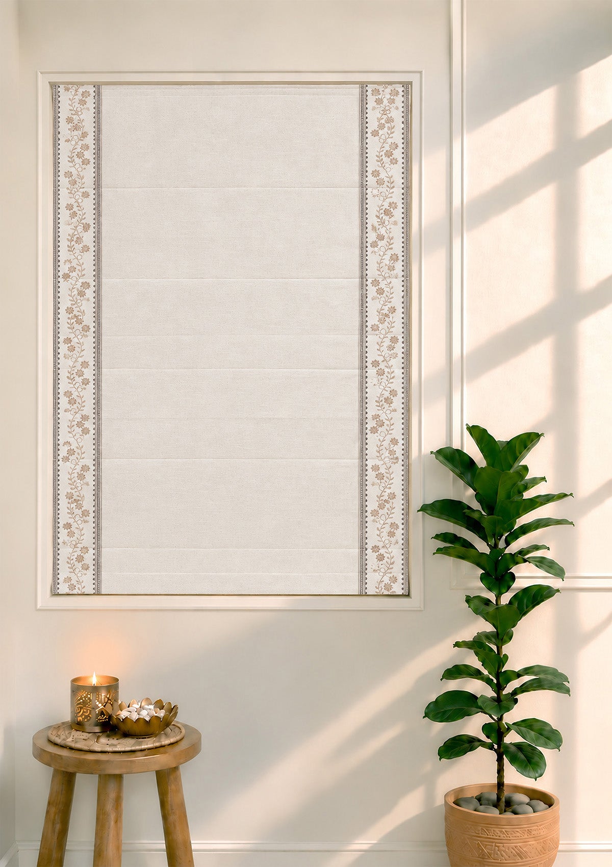 Mogra Beige & Brown Floral 100% Cotton Embroidered Blind For Livingroom / Bedroom | Light Reduction