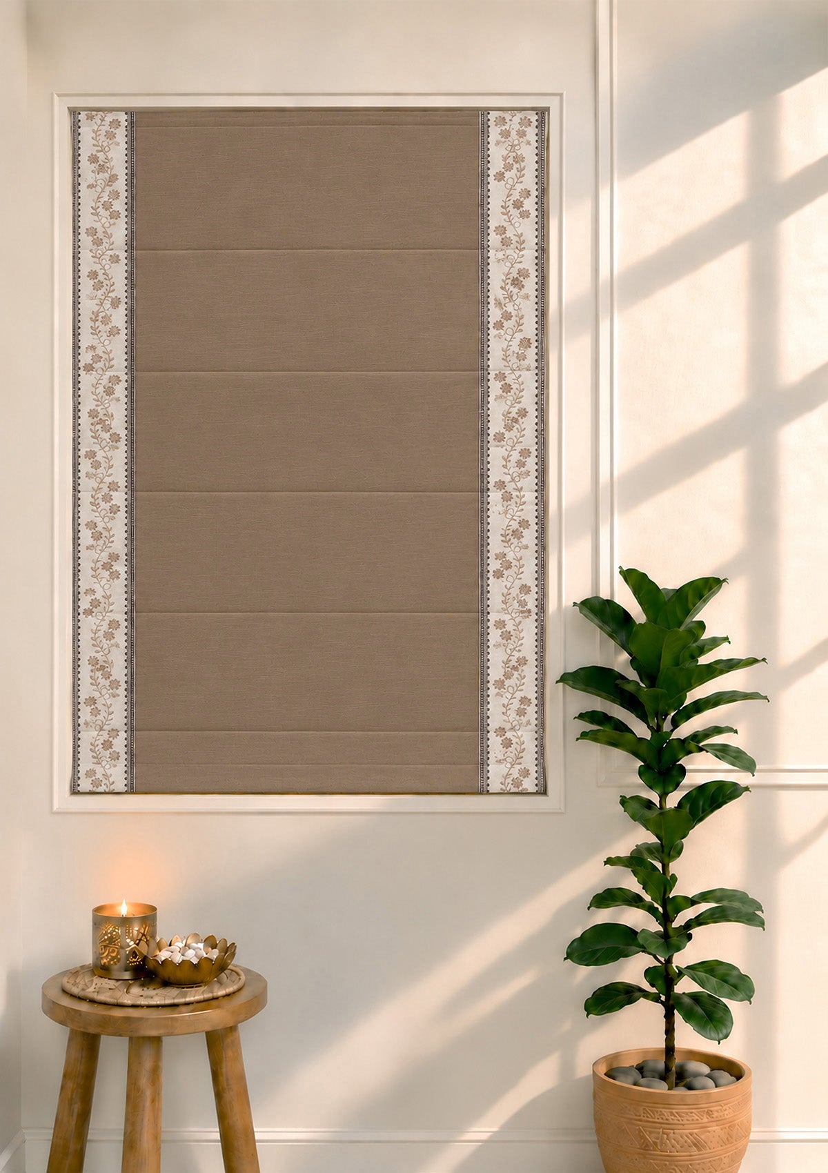 Mogra Chocolate Brown & Grey Floral 100% Cotton Embroidered Blind For Livingroom / Bedroom | Room Darkening