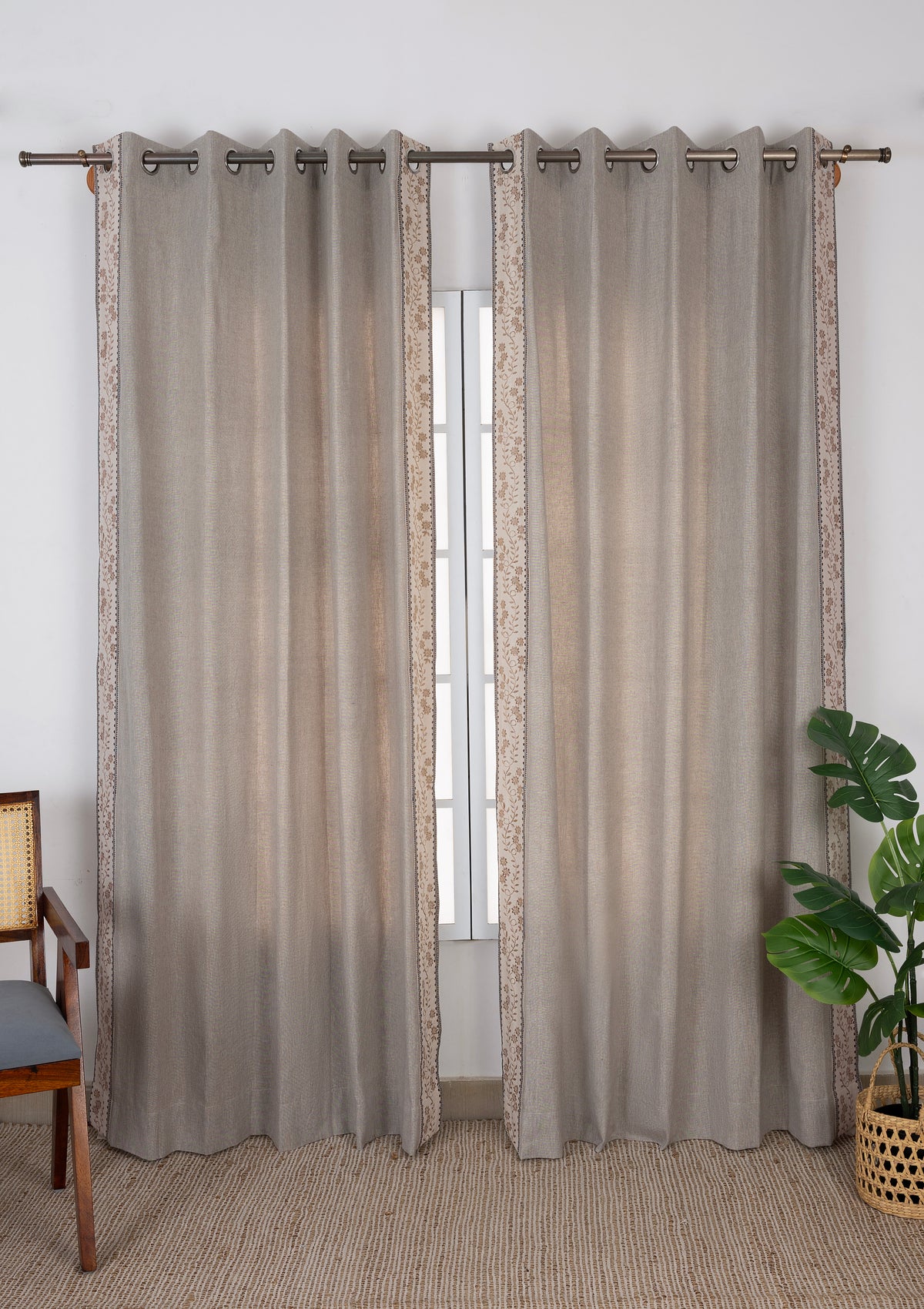Mogra Elephant Grey & Brown Floral Linen Cotton Blend Embroidered Curtain For Livingroom / Bedroom | Room Darkening | Single Piece