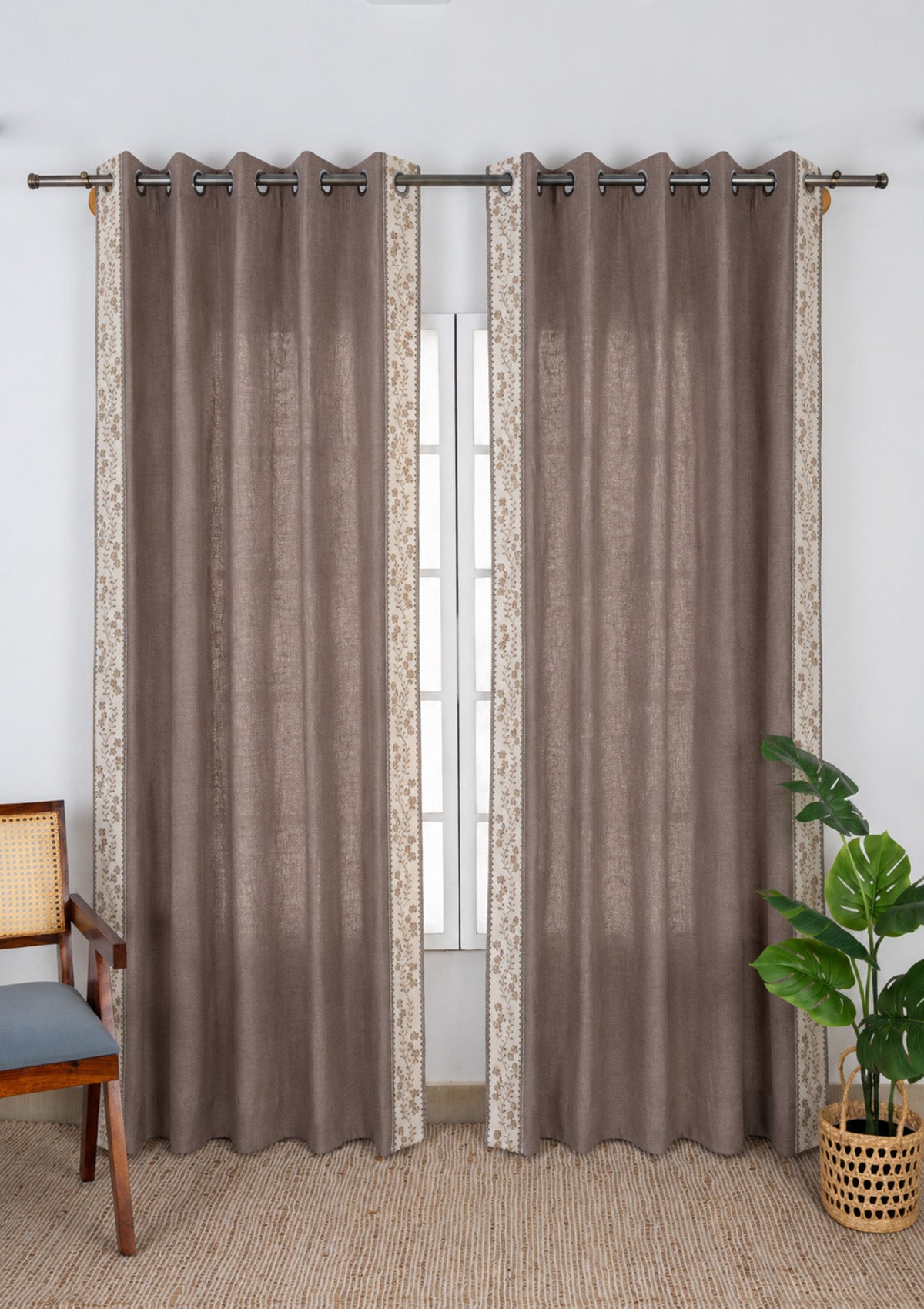 Mogra Fig Brown & Grey Floral Linen Cotton Blend Embroidered Curtain For Livingroom / Bedroom | Room Darkening | Single Piece