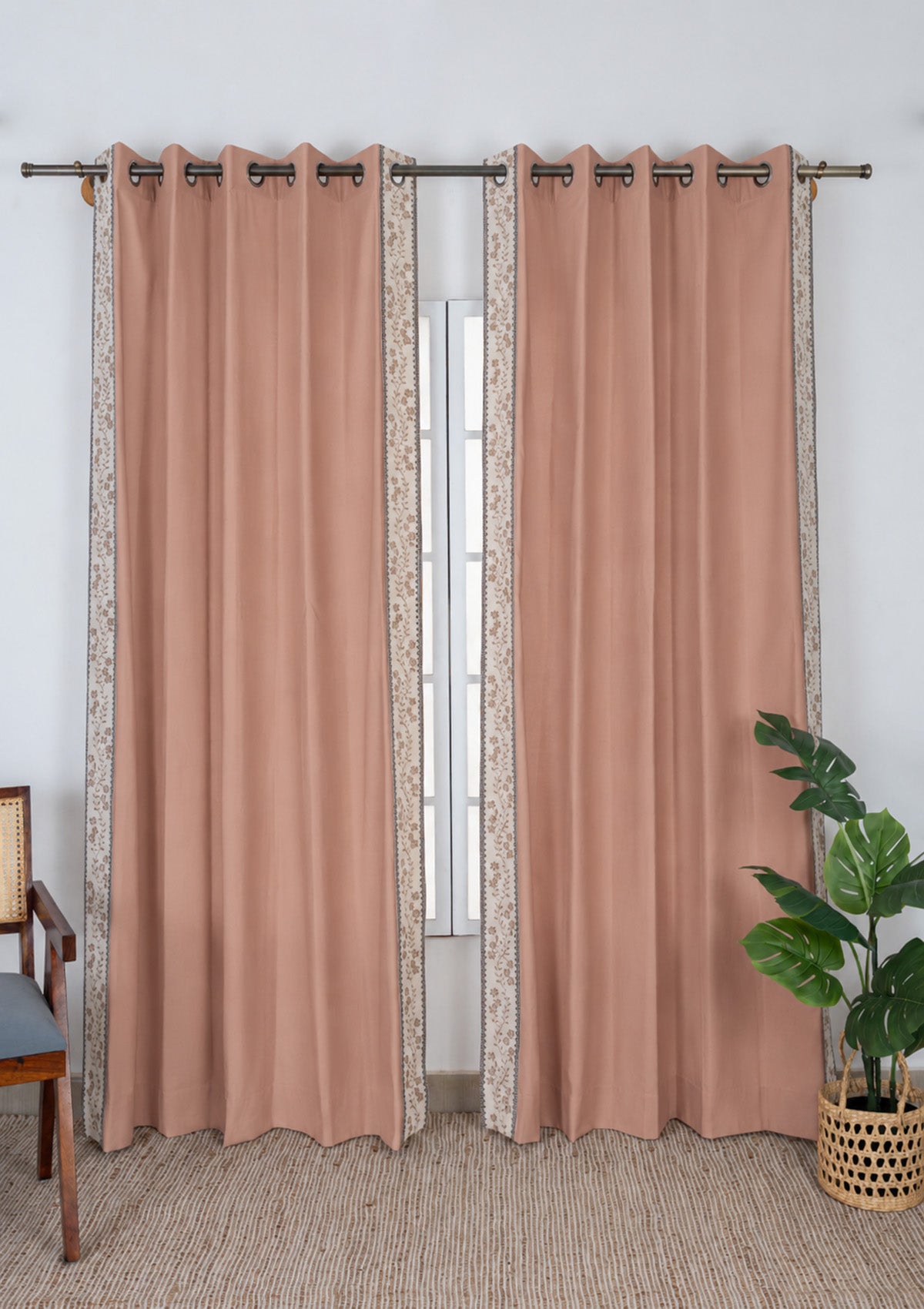 Mogra Mahogany Brown & Grey Floral 100% Cotton Embroidered Curtain For Livingroom / Bedroom | Room Darkening | Single Piece