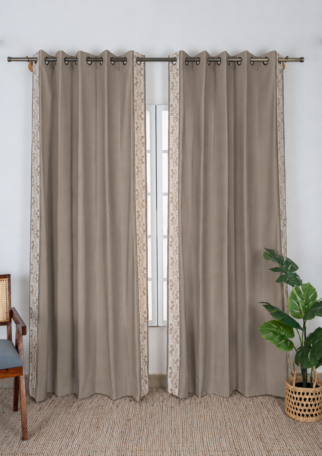 Mogra Walnut Grey & Brown Floral 100% Cotton Embroidered Curtain For Livingroom / Bedroom | Room Darkening | Single Piece