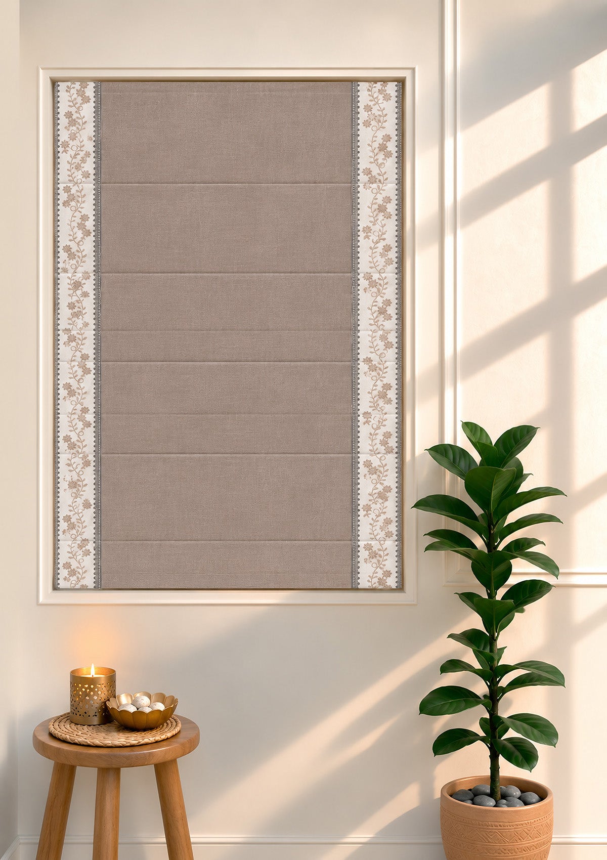 Mogra Walnut Grey & Brown Floral 100% Cotton Embroidered Blind For Livingroom / Bedroom | Room Darkening
