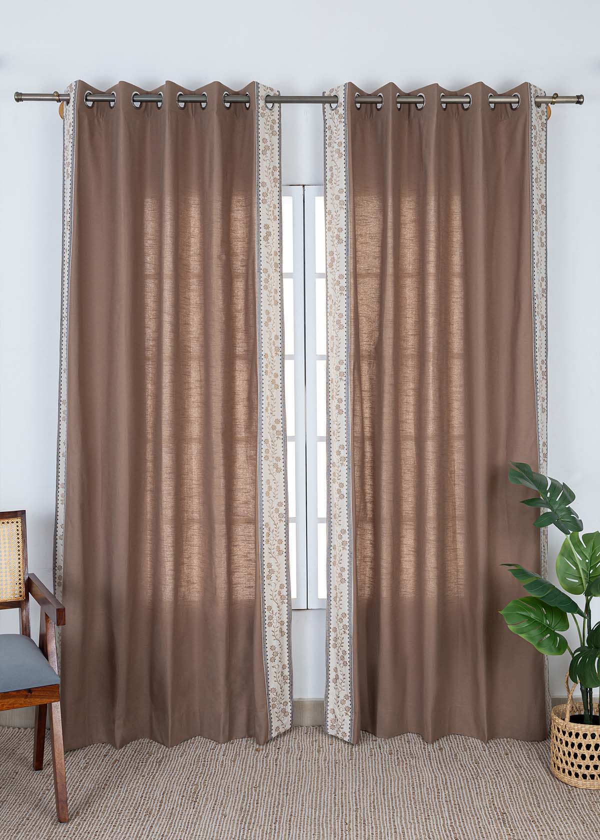 Mogra Chocolate Brown & Grey Floral 100% Cotton Embroidered Curtain For Livingroom / Bedroom | Room Darkening | Single Piece