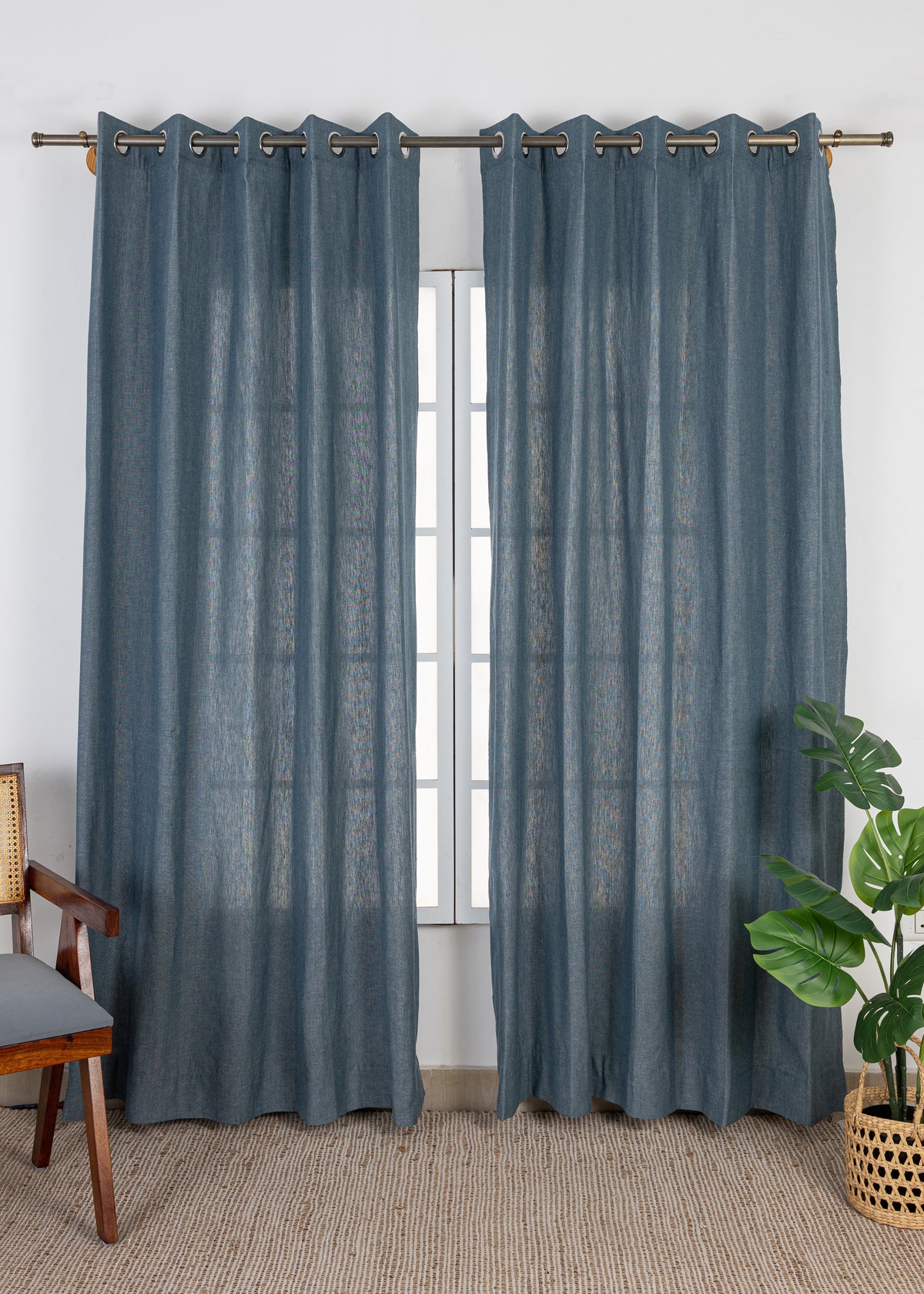 Nilgiri Blue Solid Linen Cotton Blend Textured Curtain For Livingroom / Bedroom | Room Darkening | Single Piece