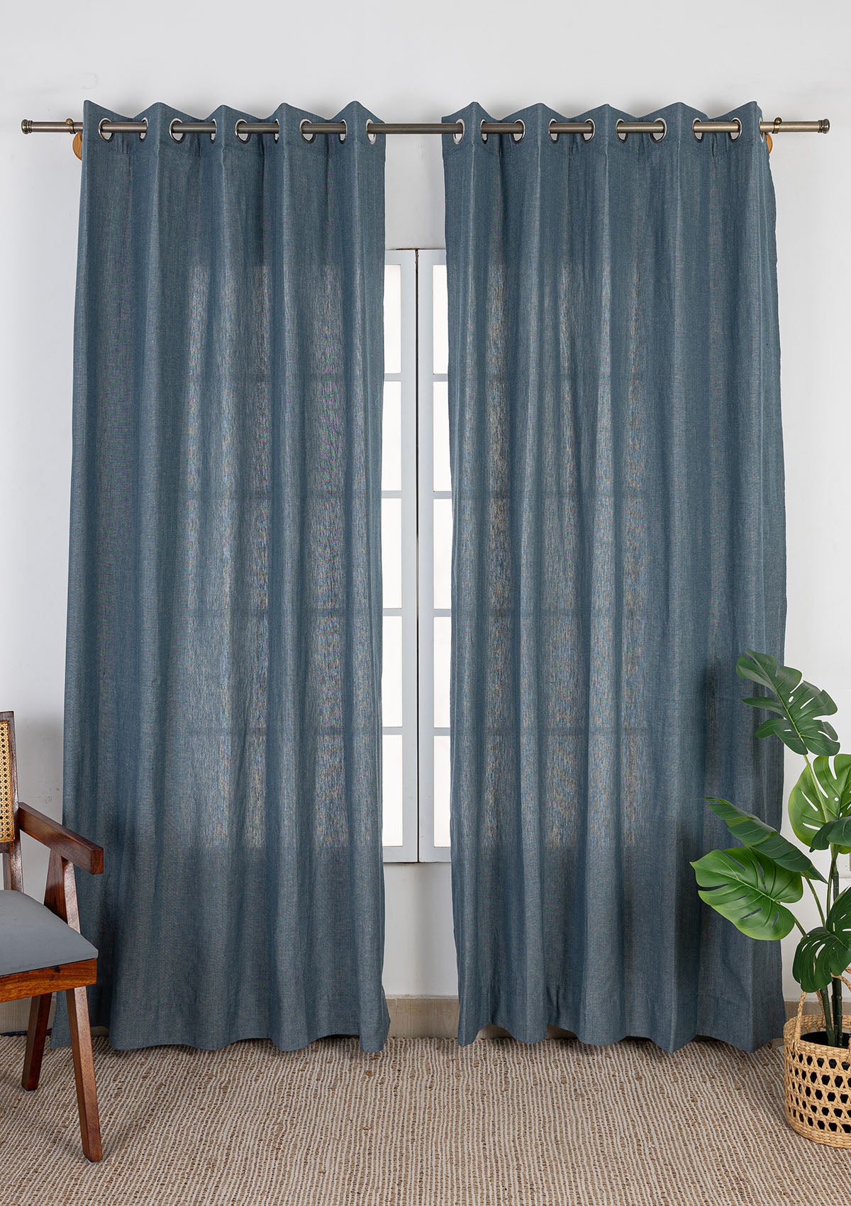 Nilgiri Blue Solid Linen Cotton Blend Textured Curtain For Livingroom / Bedroom | Room Darkening | Single Piece