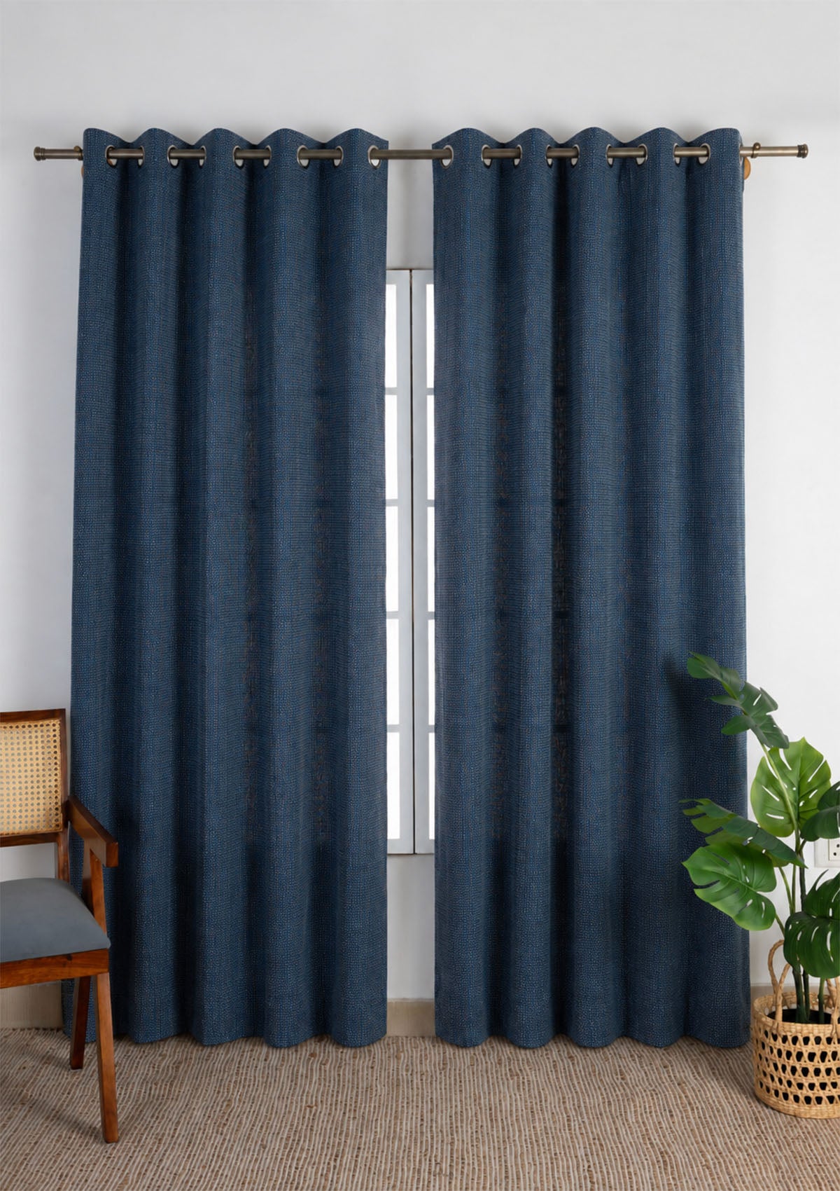 Pacific Blue 100% Cotton Textured Curtain For Livingroom / Bedroom | Room Darkening | Single Piece