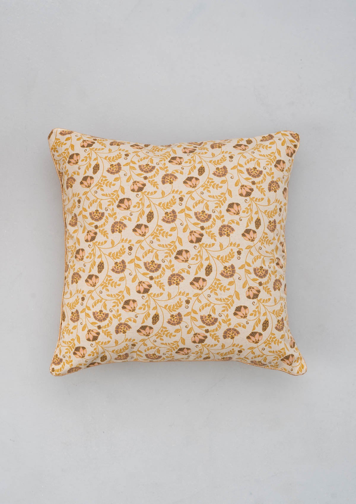 Calico Printed 100% cotton floral cushion cover for sofa with gold piping - Multicolor