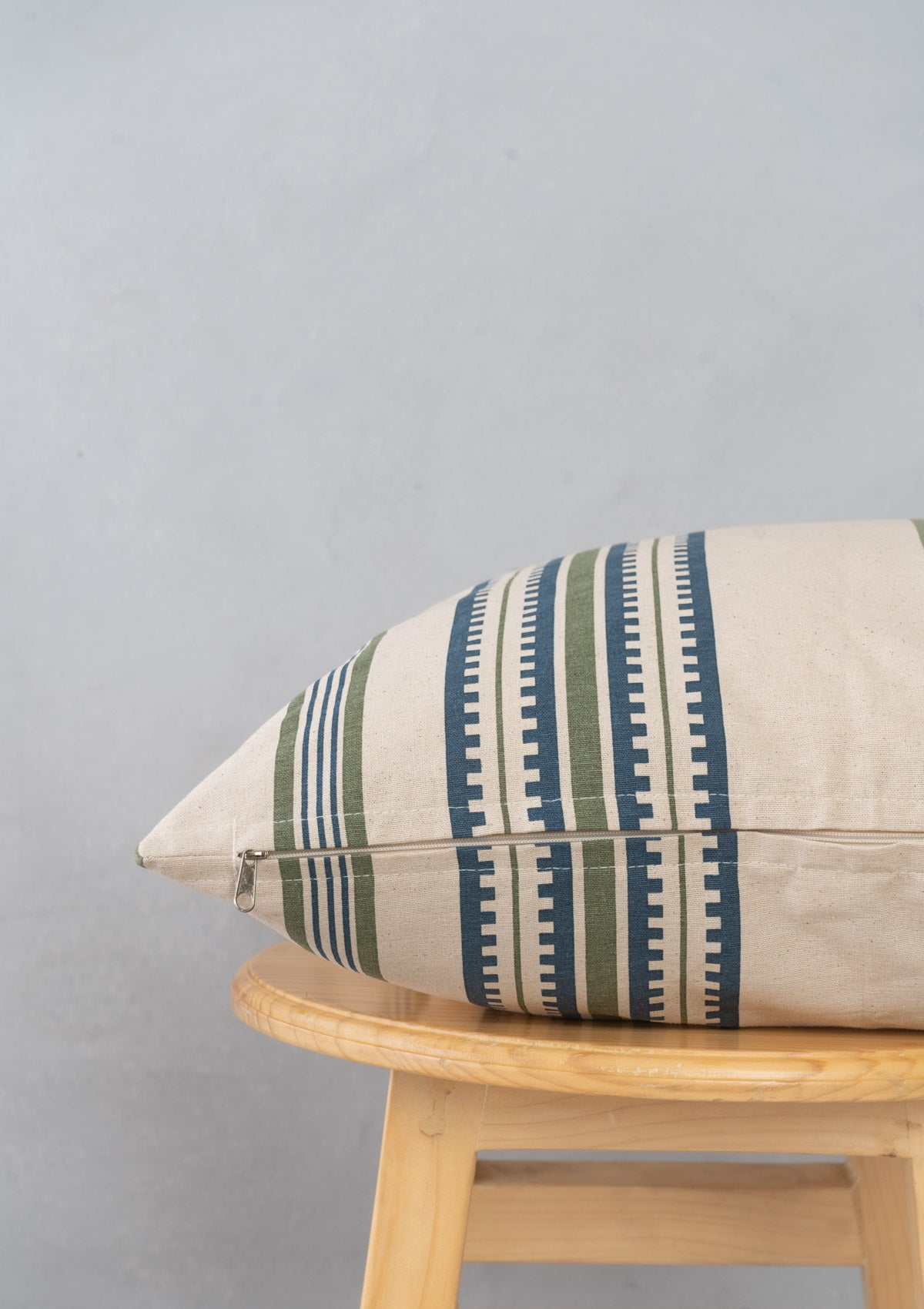 Roman Stripes Sequined Cotton Cushion Cover - Pepper Green and Night Blue
