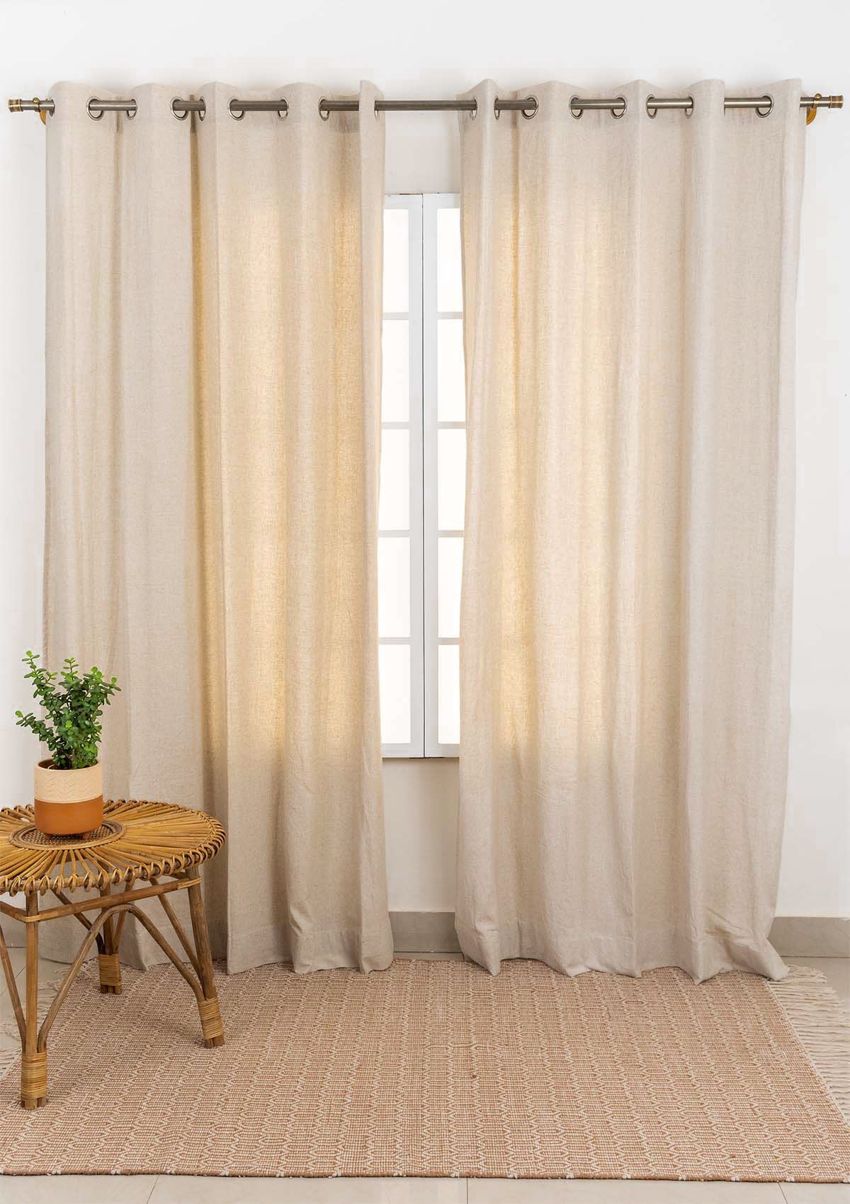 Solid linen beige 100% cotton plain curtain for bedroom - Room darkening - Pack of 1