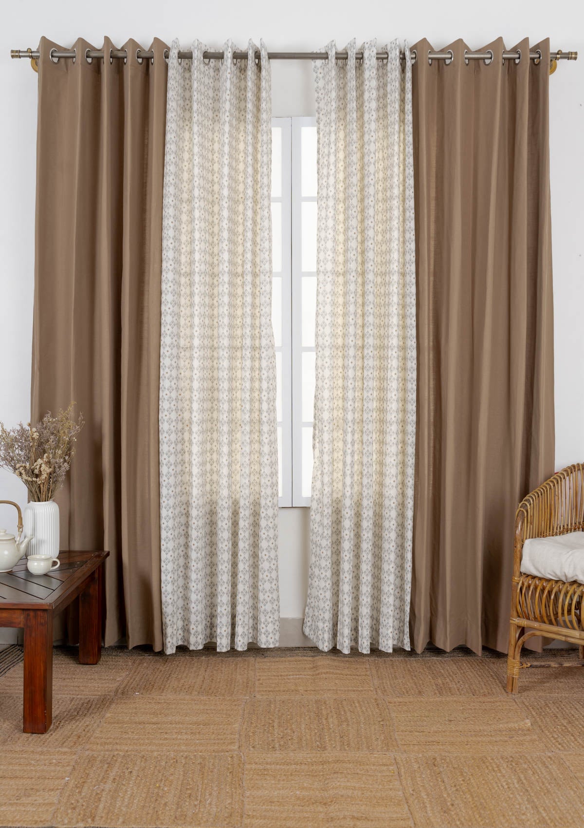 Solid Choclate brown cotton curtain with Mirage geometric sheer 100% cotton curtains for living room - Set of 4