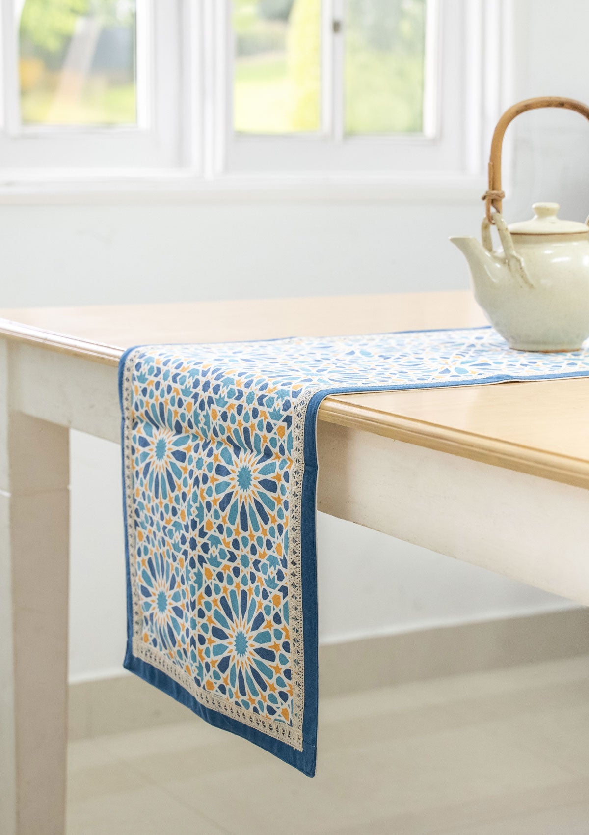 Arabesque 100% cotton geometric table runner for 4 seater or 6 seater dining - Blue blue