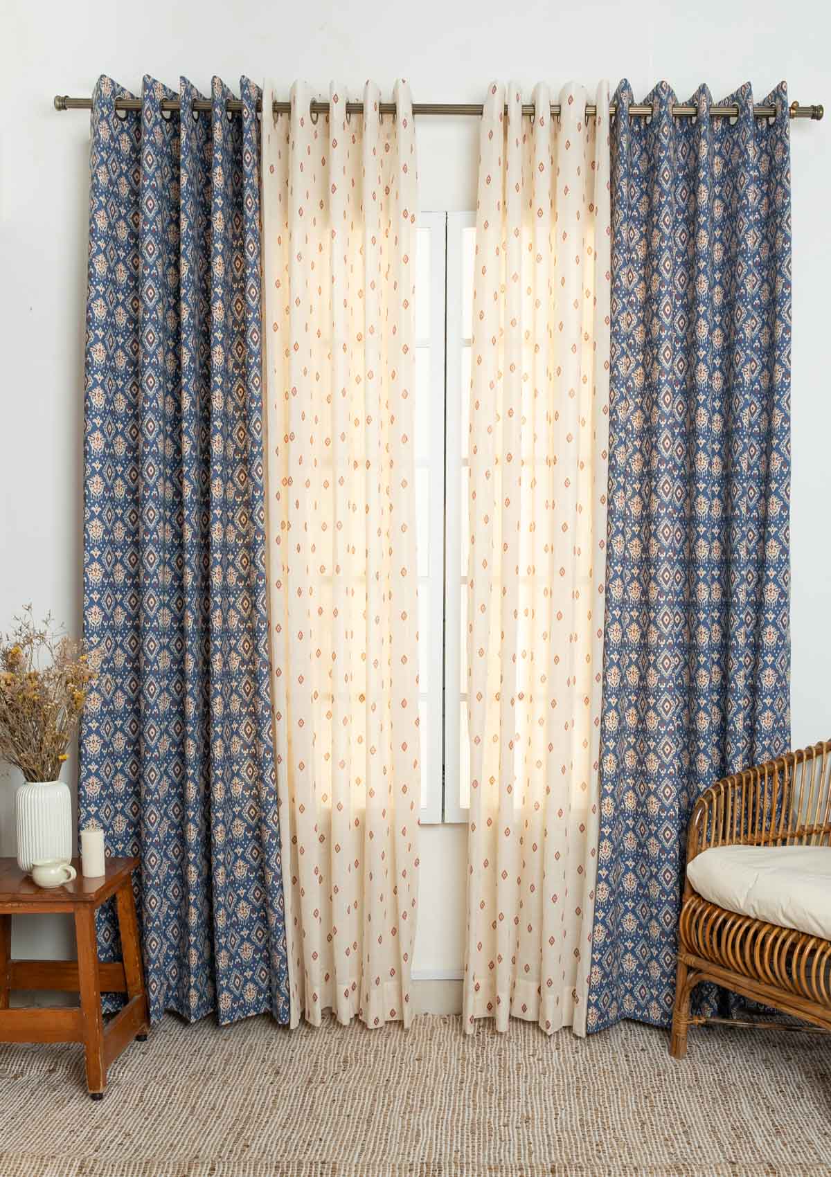 Durbur Gemeotric with Noor floral sheer 100% cotton curtains for living room and Bed Room - Room Darkening - Pack of 4