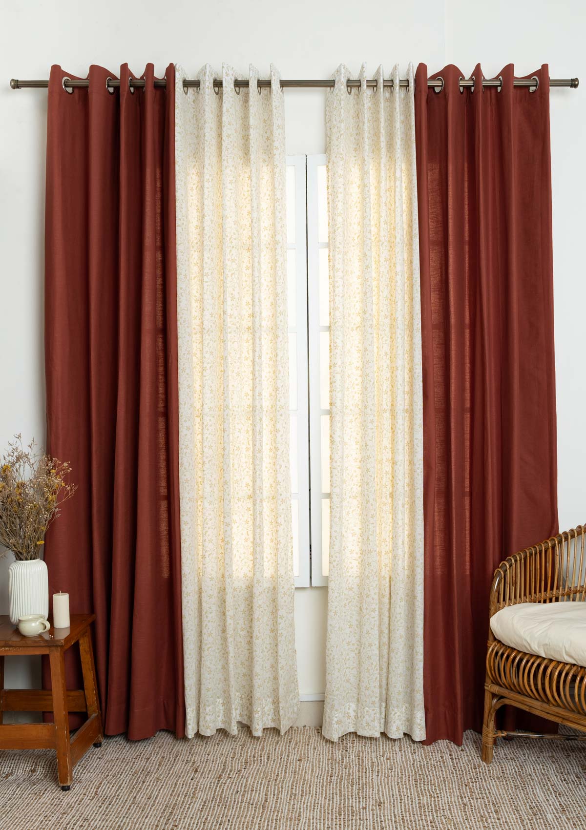 Solid Brick Red Cotton with Sandalwood sheer 100% cotton curtains for living room and Bed Room - Room Darkening - Pack of 4