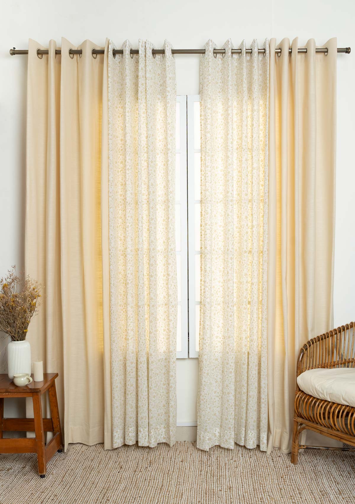 Solid Cream Cotton Curtain with Sandalwood sheer 100% cotton curtains for living room and Bed Room - Room Darkening - Pack of 4