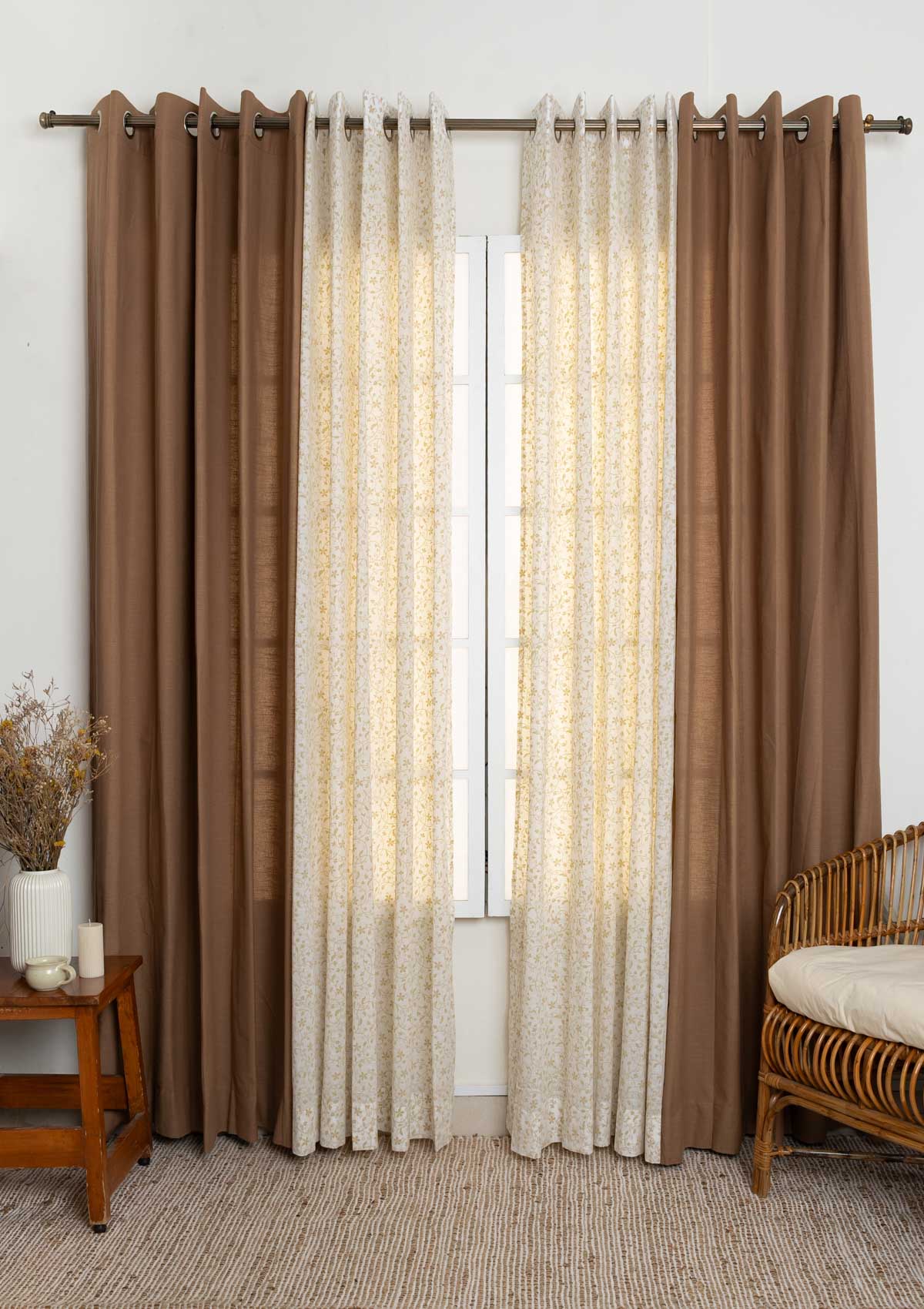 Solid Chocolate Brown Cotton Curtain with Sandalwood sheer 100% cotton curtains for living room and Bed Room - Room Darkening - Pack of 4