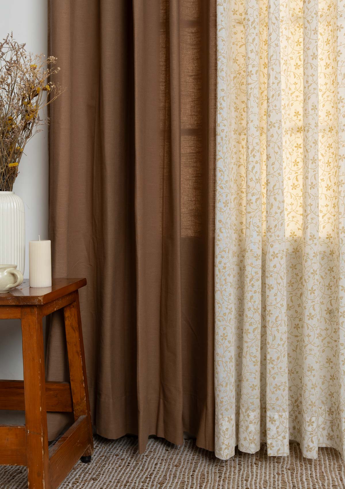 Solid Chocolate Brown Cotton Curtain with Sandalwood sheer 100% cotton curtains for living room and Bed Room - Room Darkening - Pack of 4