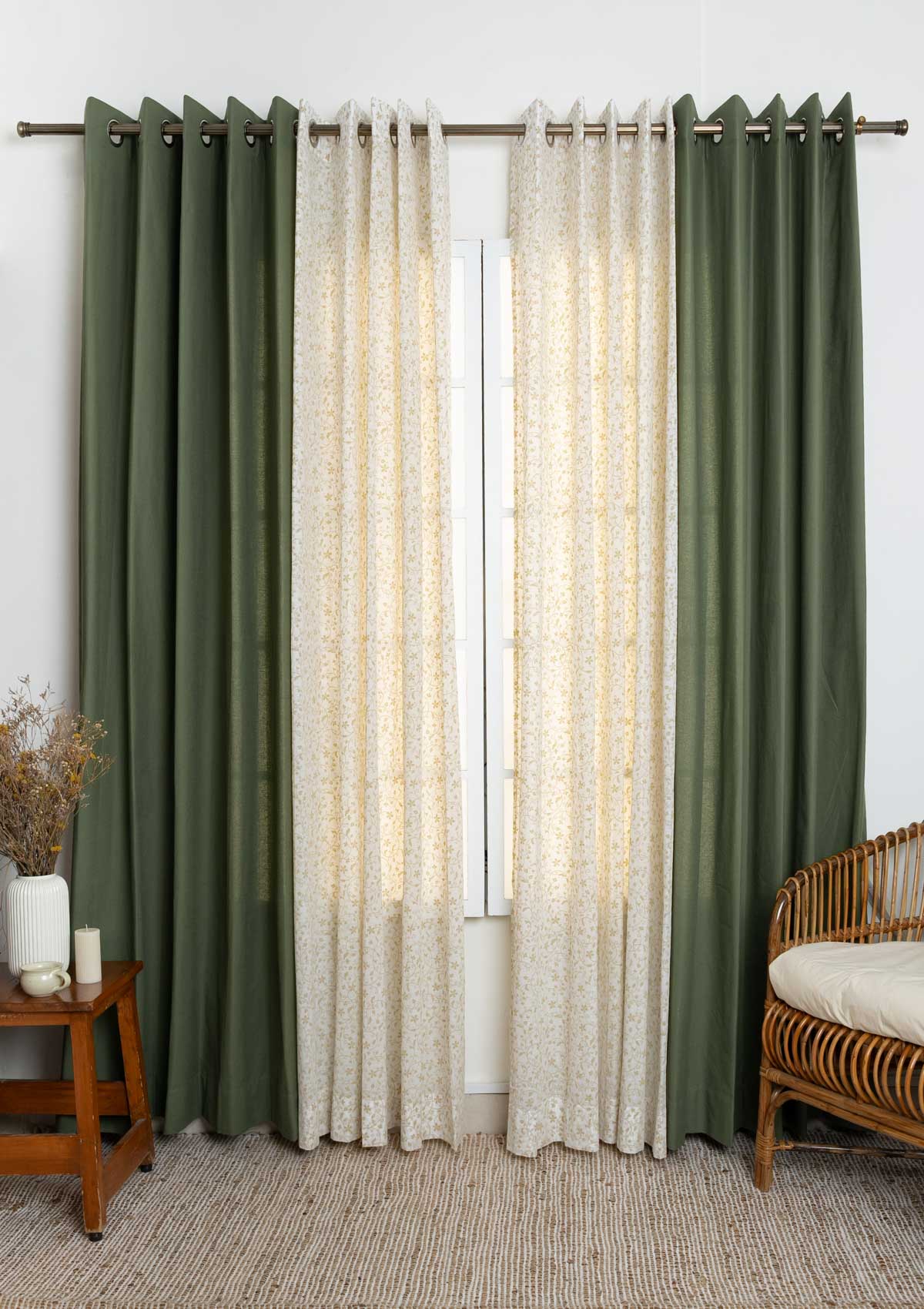 Solid Pepper Green with Sandalwood sheer 100% cotton curtains for living room and Bed Room - Room Darkening - Pack of 4