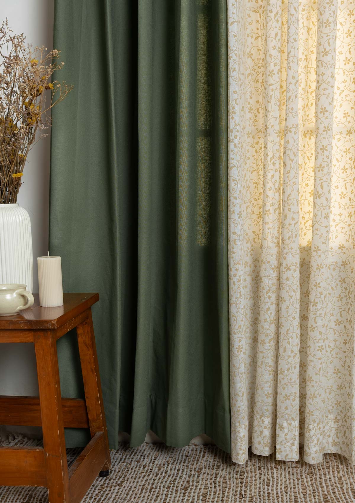 Solid Pepper Green with Sandalwood sheer 100% cotton curtains for living room and Bed Room - Room Darkening - Pack of 4