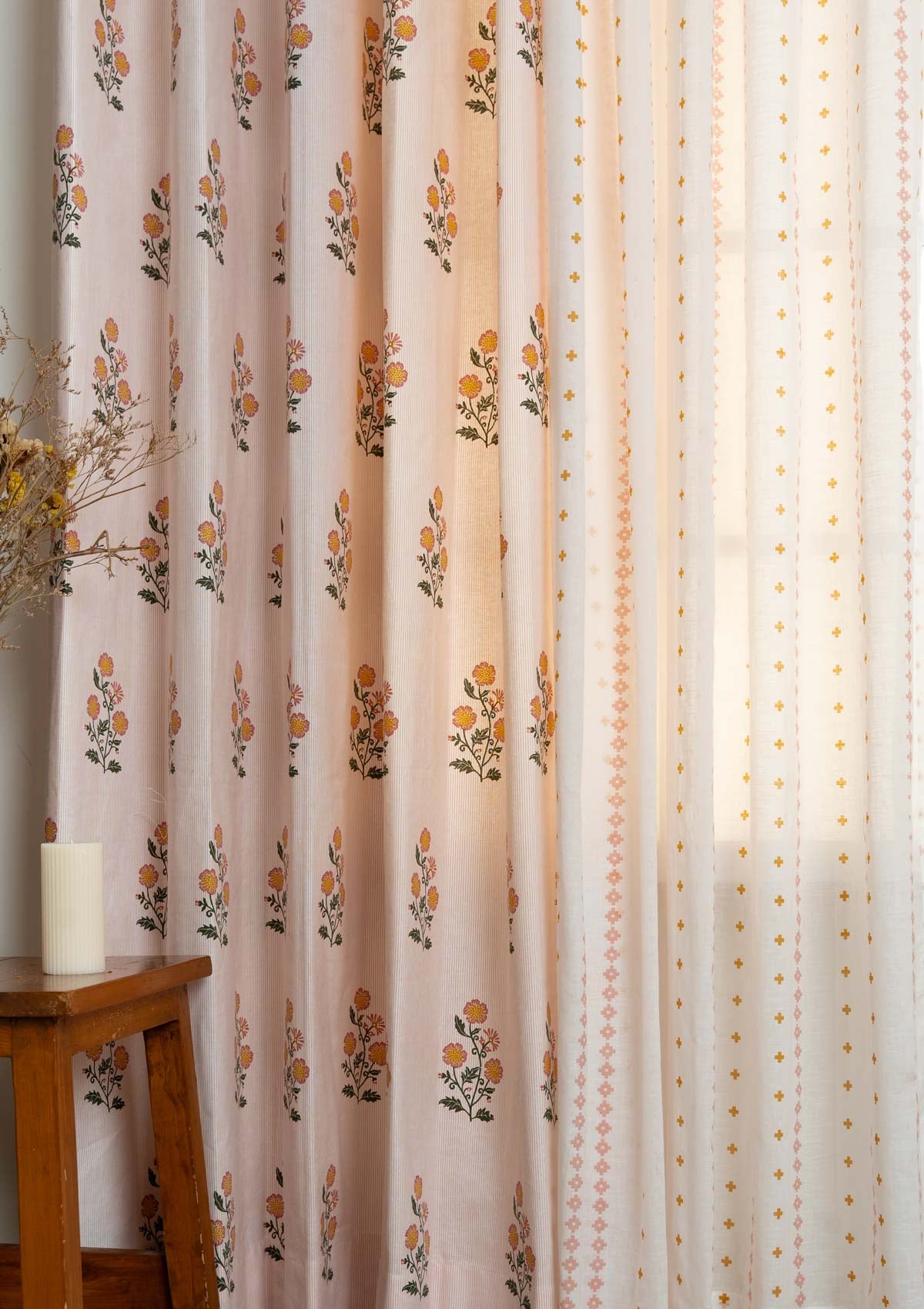 Parijatha Floral printed with Mallige geometric minimal sheer cotton curtains for living room and Bed Room - Room Darkening - Pack of 4