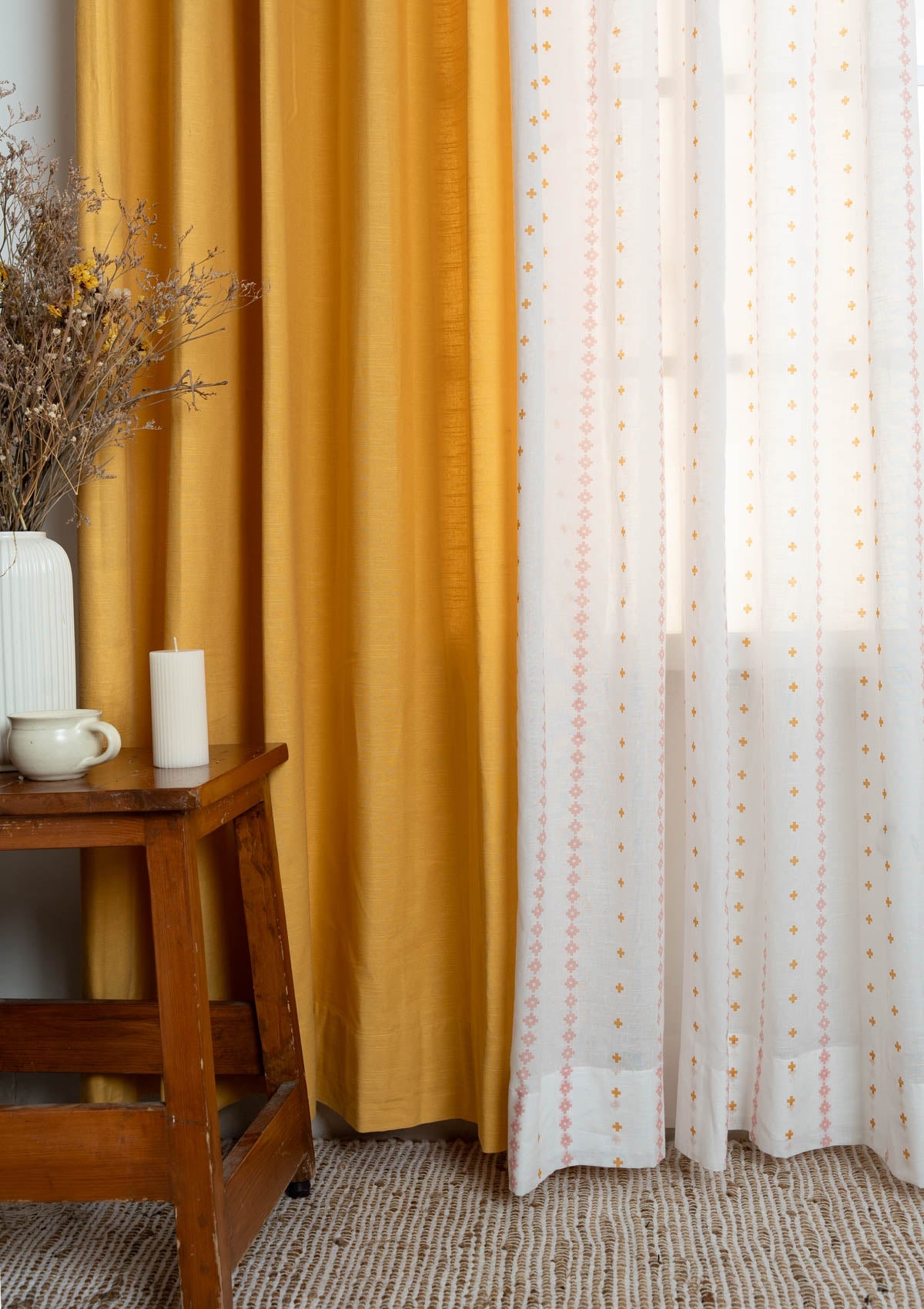 Solid Mustard with Mallige geometric minimal sheer cotton curtains for living room and Bed Room - Pack of 4