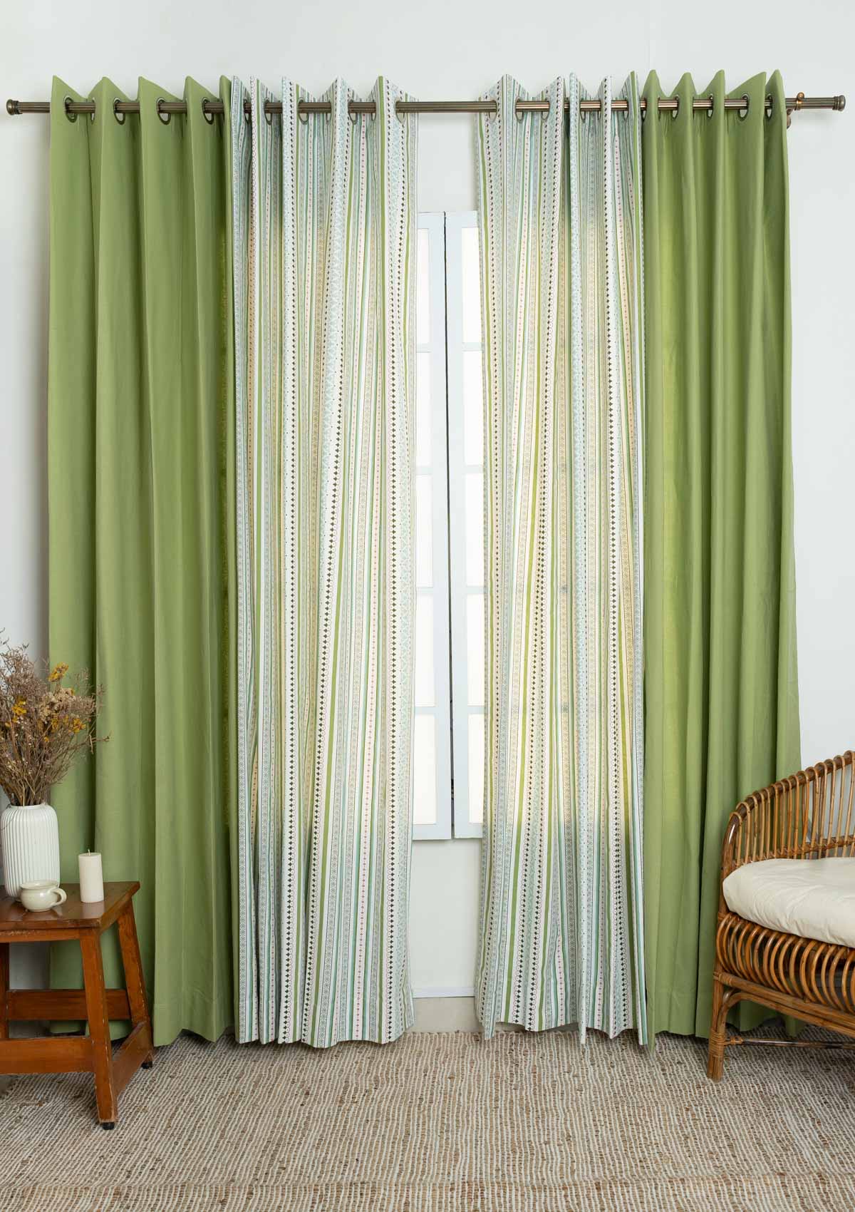 Solid Leaf Green with Place Pillars Geometric cotton curtains for living room and Bed Room - Room Darkening - Pack of 4