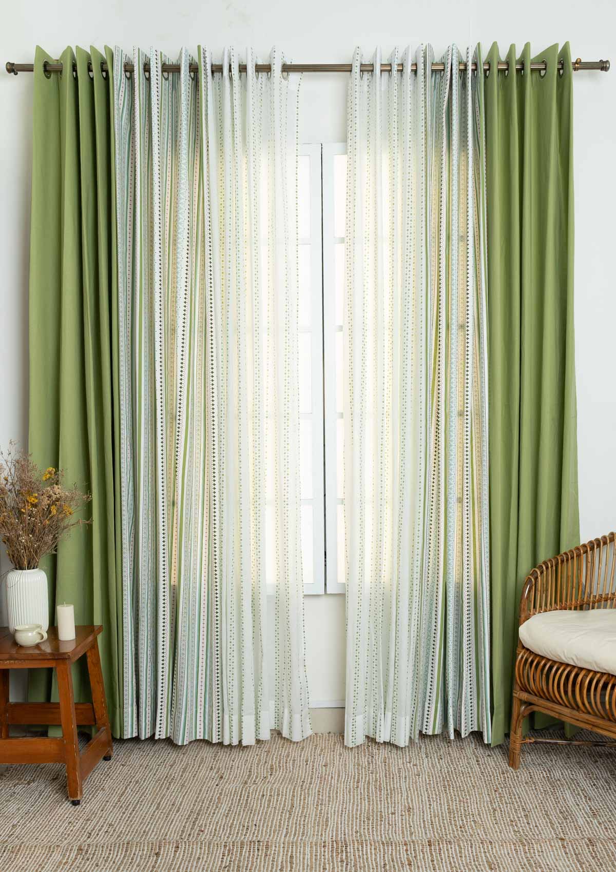 Solid Leaf Green, Place Pillars Geometric print with Sitara Printed Sheer cotton curtains for living room and Bed Room - Room Darkening - Pack of 6