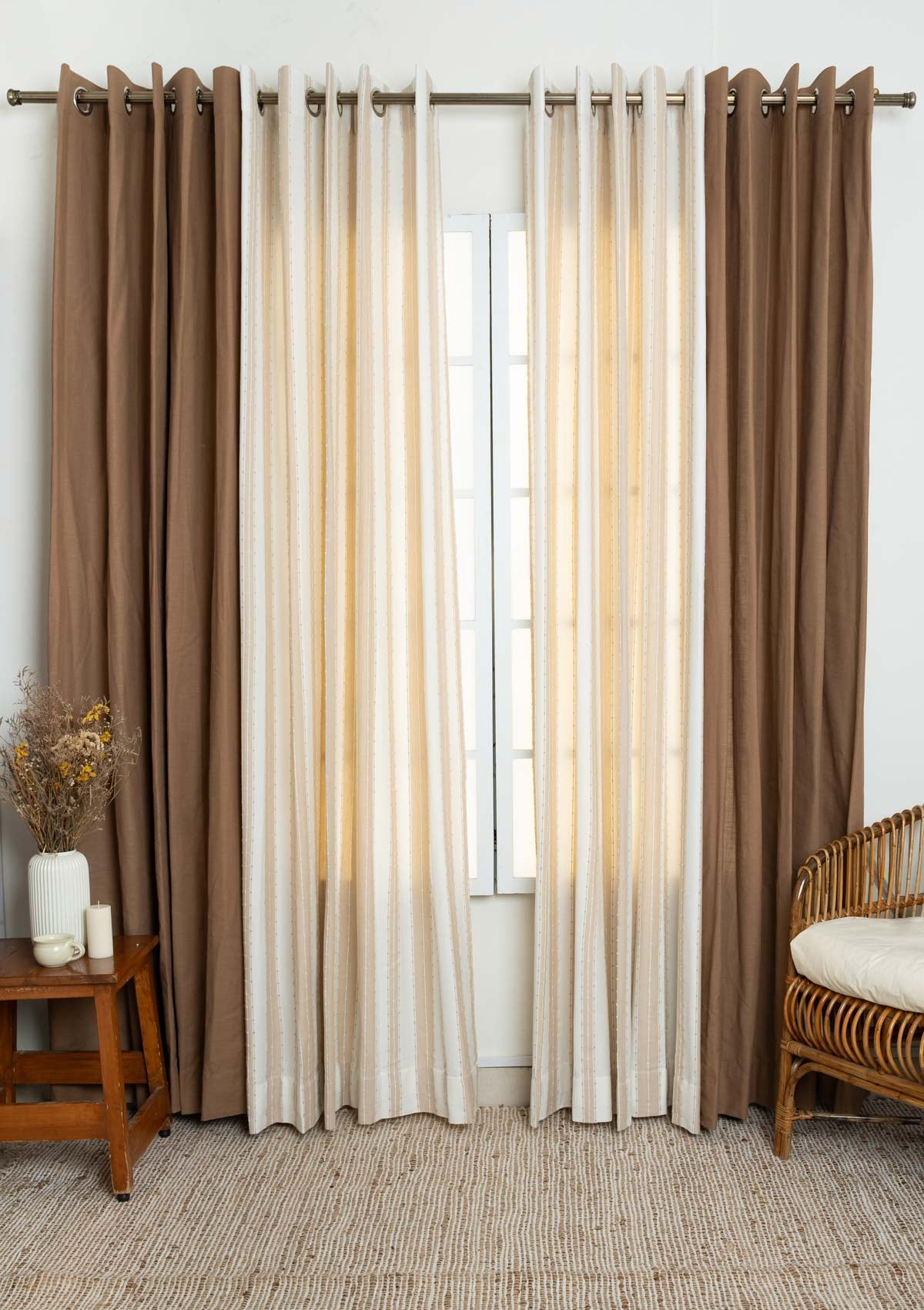 Solid Choclate Brown with Caramel minimal cotton curtains for living room and Bed Room - Room Darkening - Pack of 4