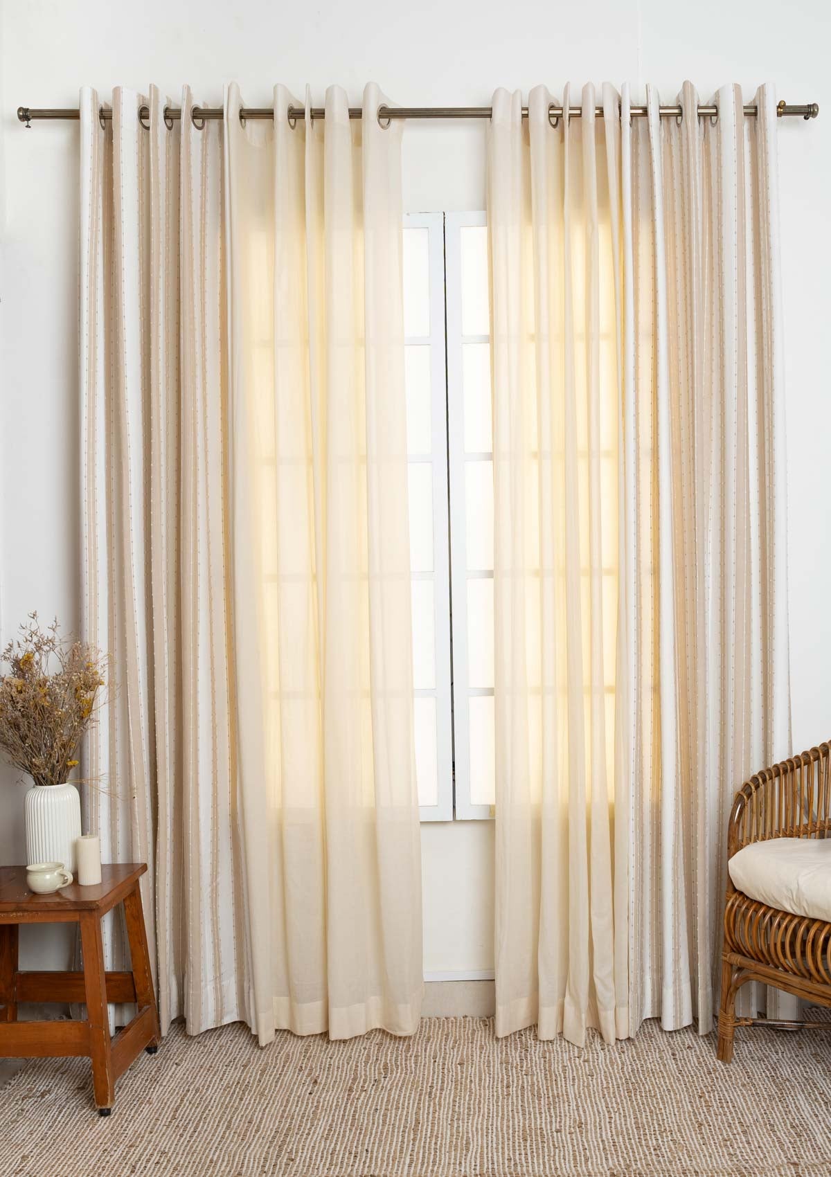 Caramel Minimal design with Cream Solid Sheer curtains for living room and Bed Room - Room Darkening - Pack of 4