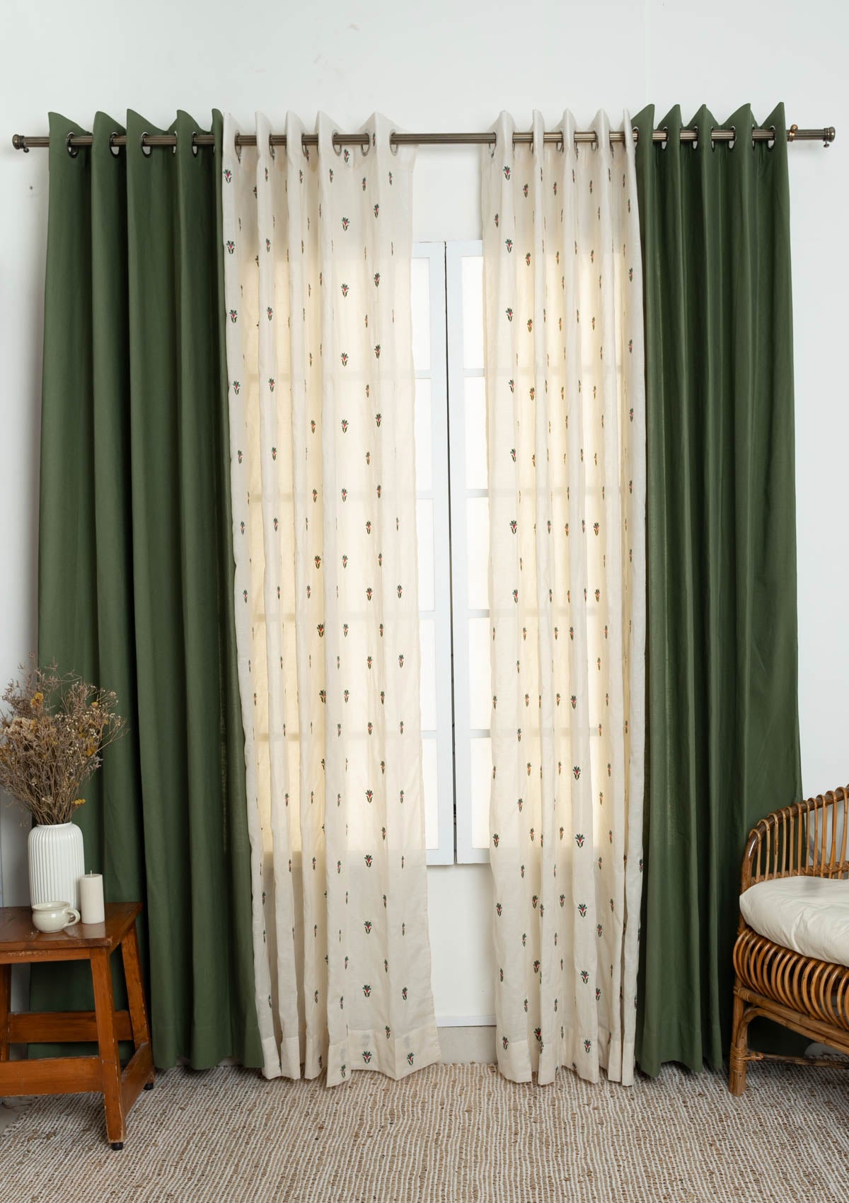 Solid Pepper Green with Emerald embriodered sheer cotton curtains for living room and Bed Room - Room Darkening - Pack of 4