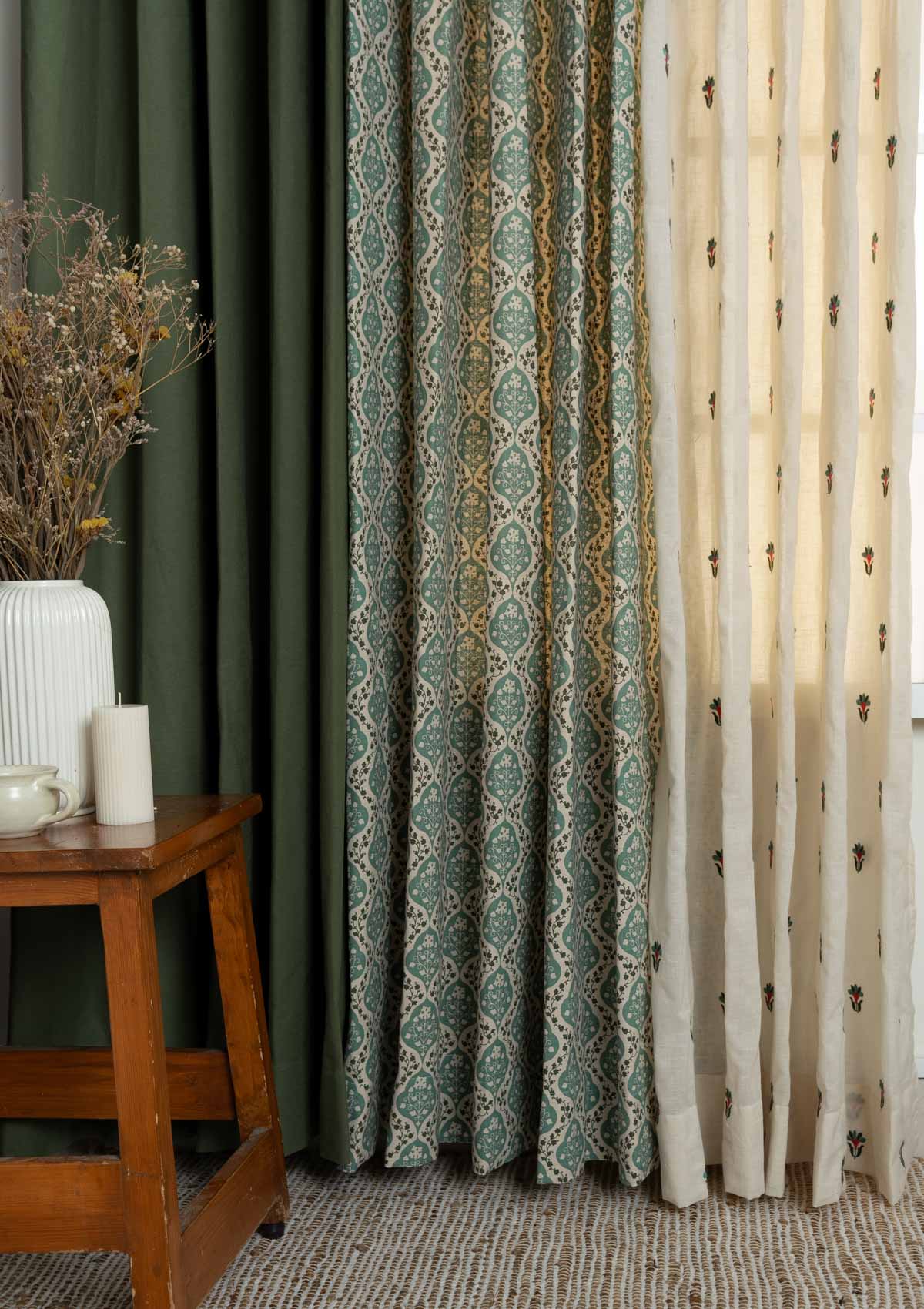 Solid Pepper Green, Mulbagal Geometric - Floral printed with Emerald embriodered sheer 100% cotton curtains for living room and Bed Room - Room Darkening - Pack of 6