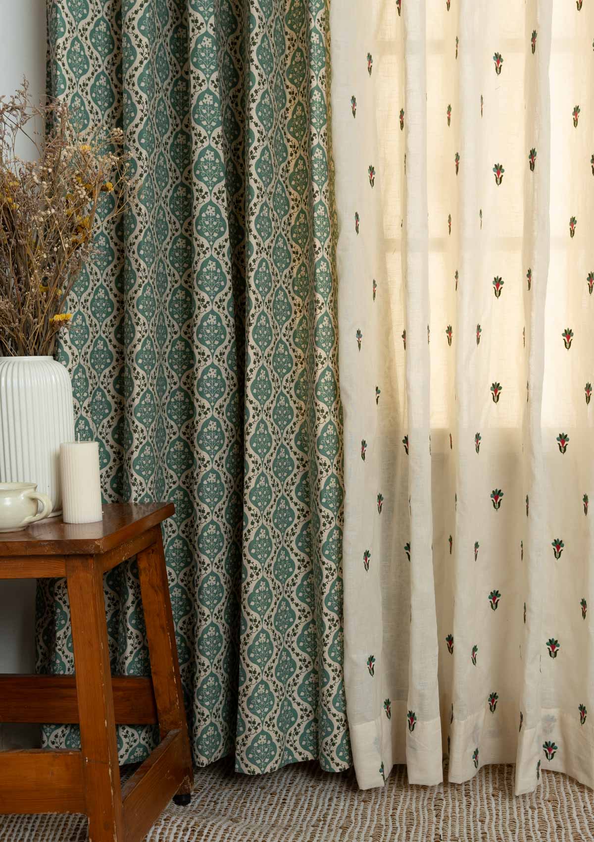 Mulbagal Geometric - Floral printed with Emerald embriodered sheer 100% cotton curtains for living room and Bed Room - Room Darkening - Pack of 4