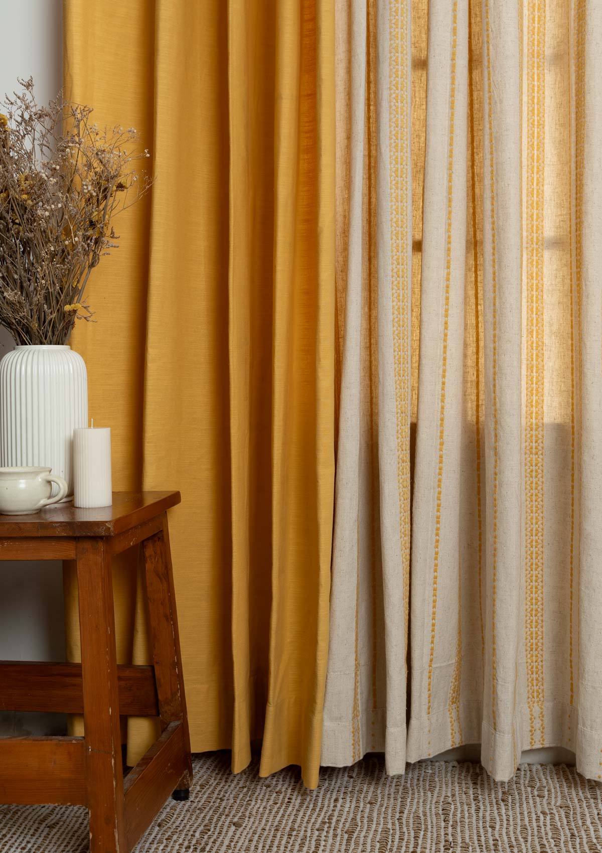 Solid Mustard with Aster Minimal Design cotton curtains for living room and Bed Room - Pack of 4