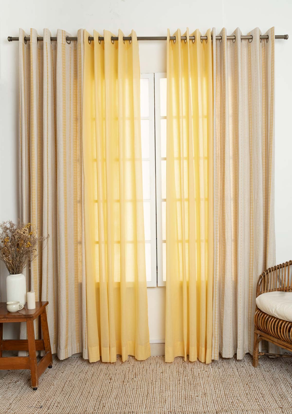 Aster Minimal Design cotton curtain with Solid Turmeric Glow sheer, 100% cotton curtain for living room and Bed Room - Pack of 4