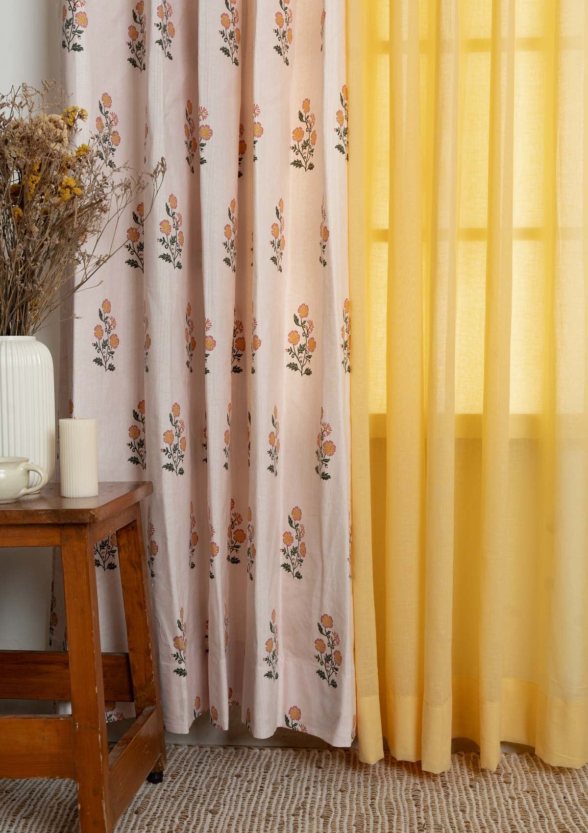 Parijatha Floral printed with Solid Turmeric sheer cotton curtains for living room and Bed Room - Room Darkening - Pack of 4