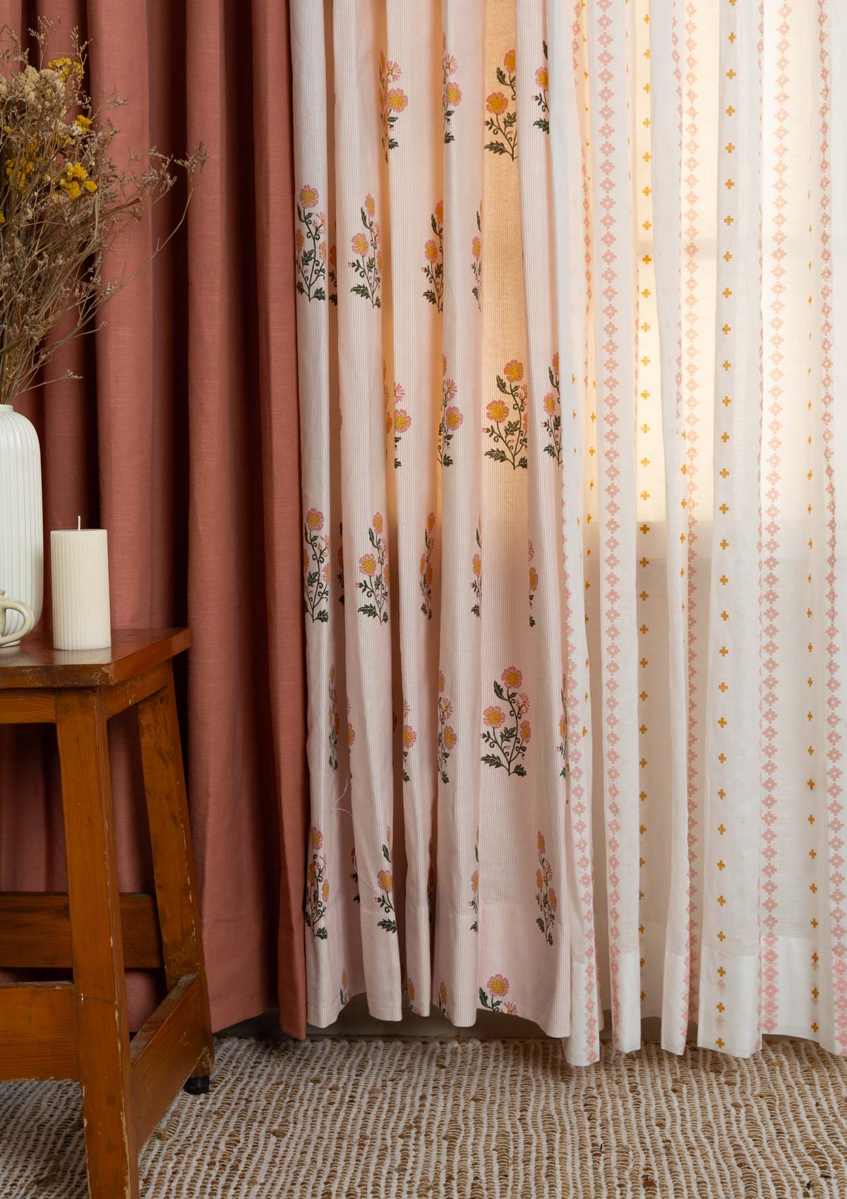 Solid Rust, Parijatha Floral printed with Mallige geometric minimal sh