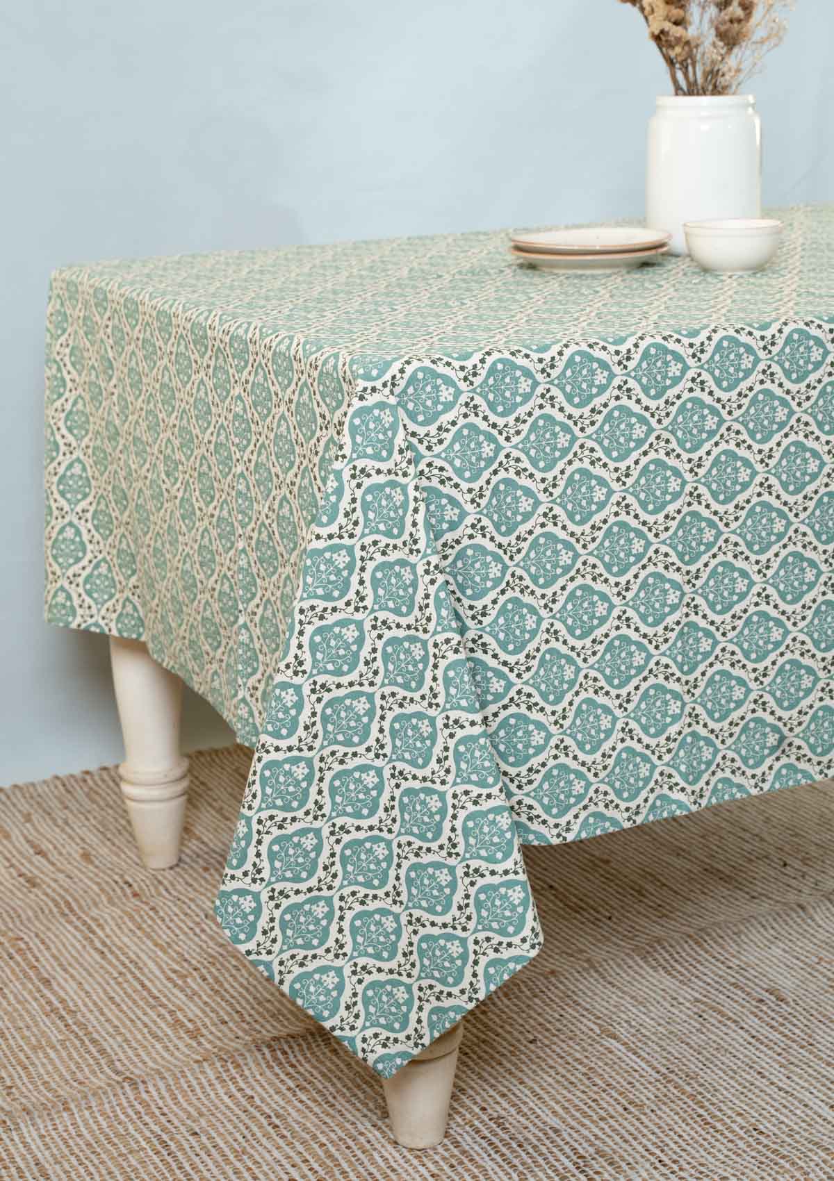 Mulbagal Geometric - Floral printed 100% Cotton Table cloth for 4 seater, 6 seater and 8 seater dining - Sage Green