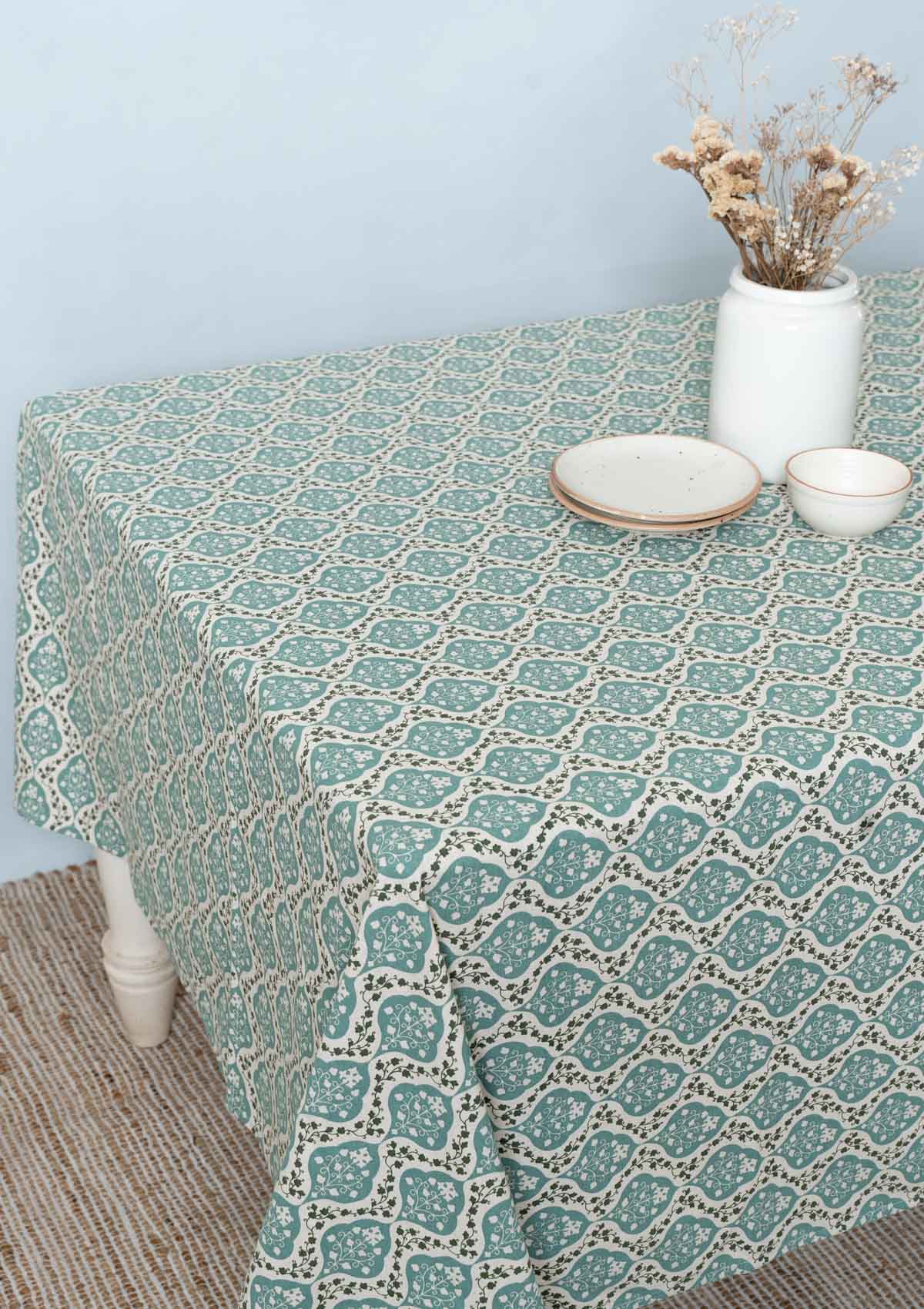 Mulbagal Geometric - Floral printed 100% Cotton Table cloth for 4 seater, 6 seater and 8 seater dining - Sage Green