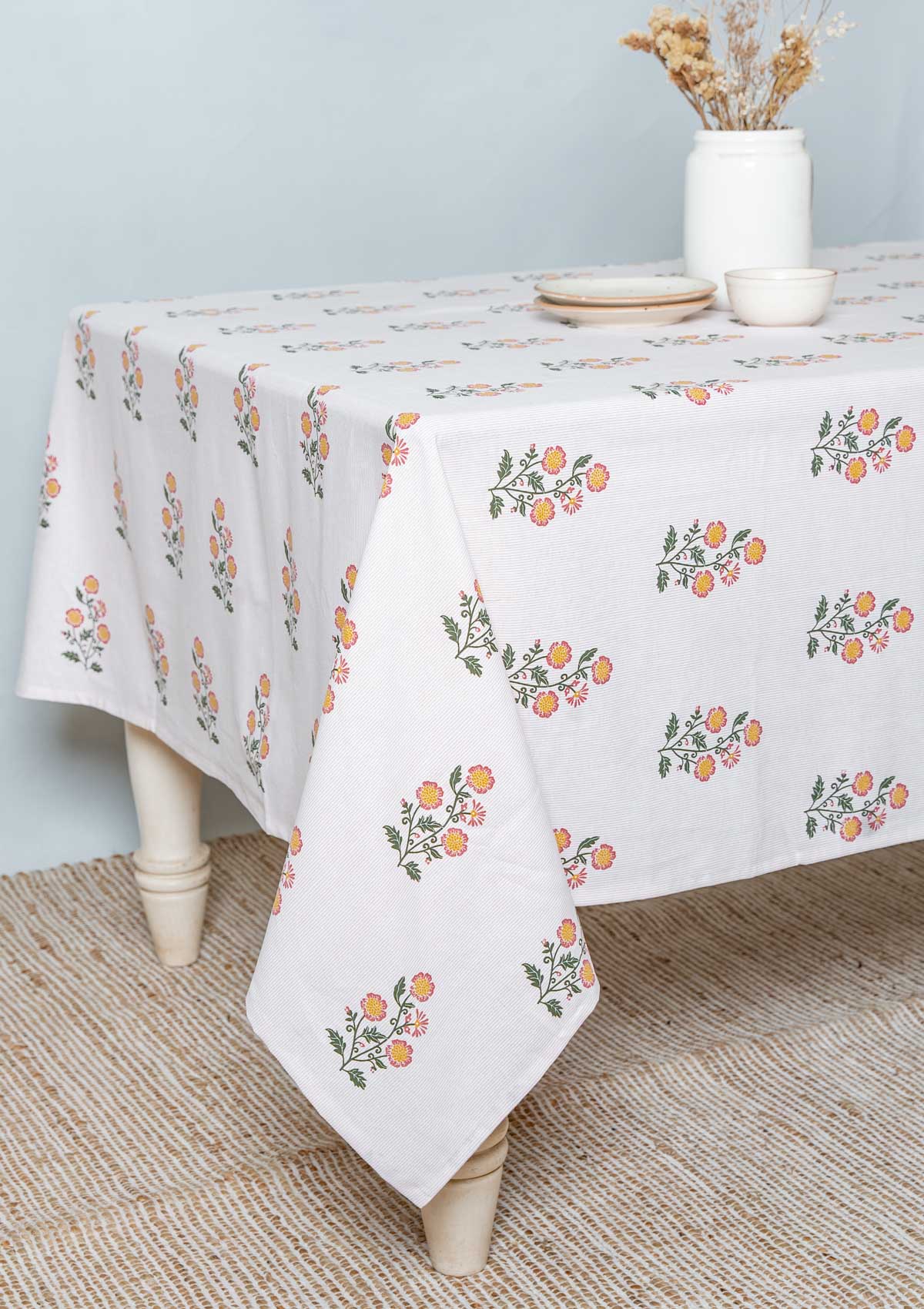 Parijatha Floral printed 100% Cotton Table cloth for 4 seater, 6 seater and 8 seater dining - Rust and Mustard