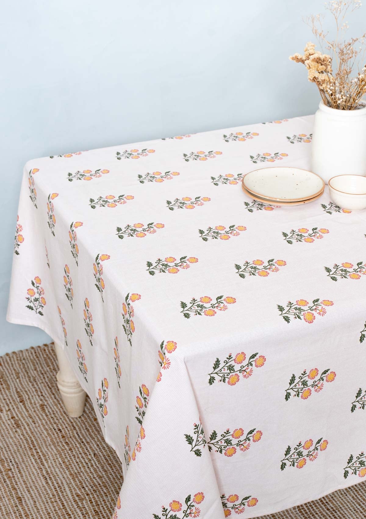 Parijatha Floral printed 100% Cotton Table cloth for 4 seater, 6 seater and 8 seater dining - Rust and Mustard