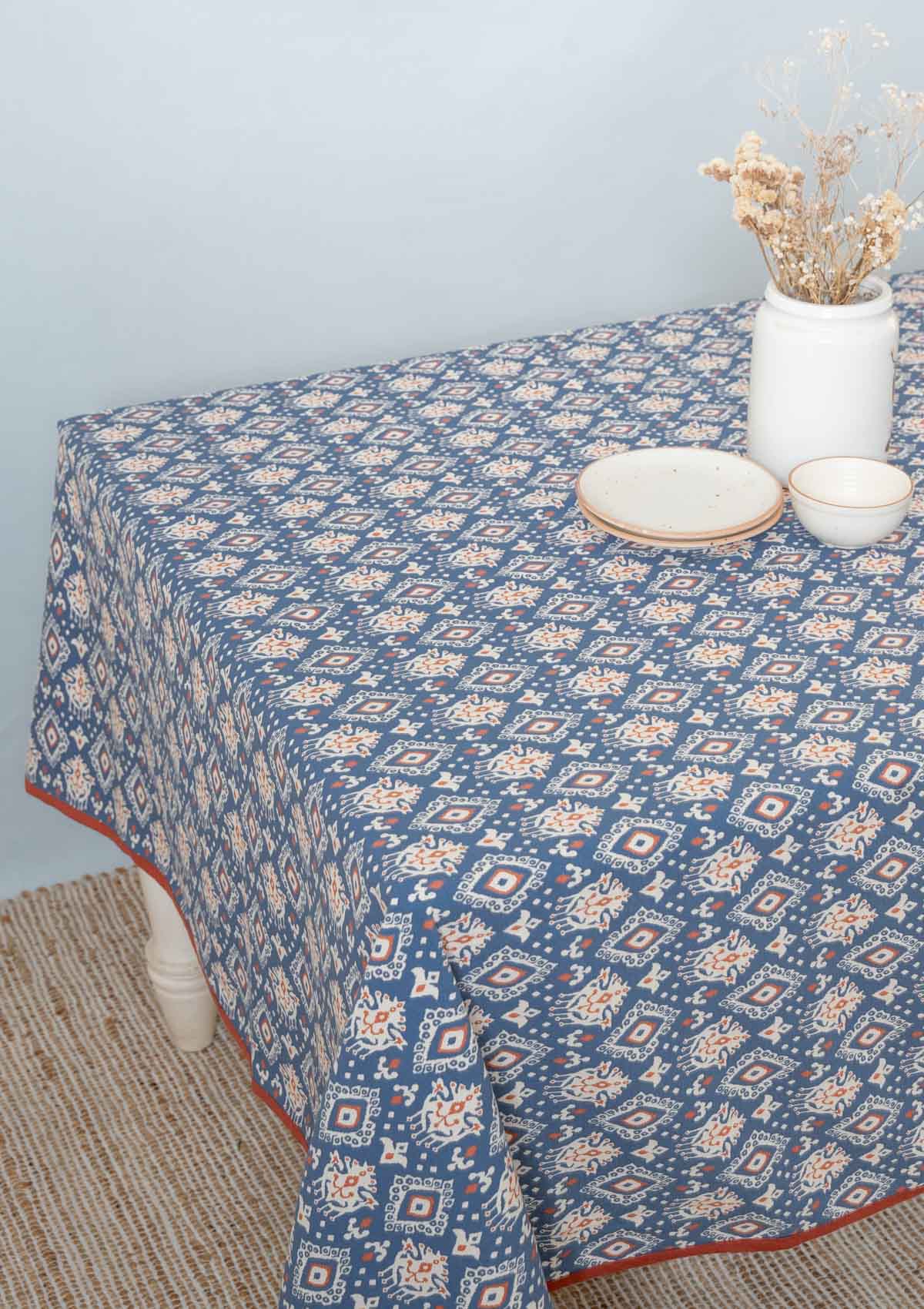 Durbar Ikat Geometric Printed 100% Cotton Table cloth for 4 seater, 6 seater and 8 seater dining - Royal blue and Brick Red