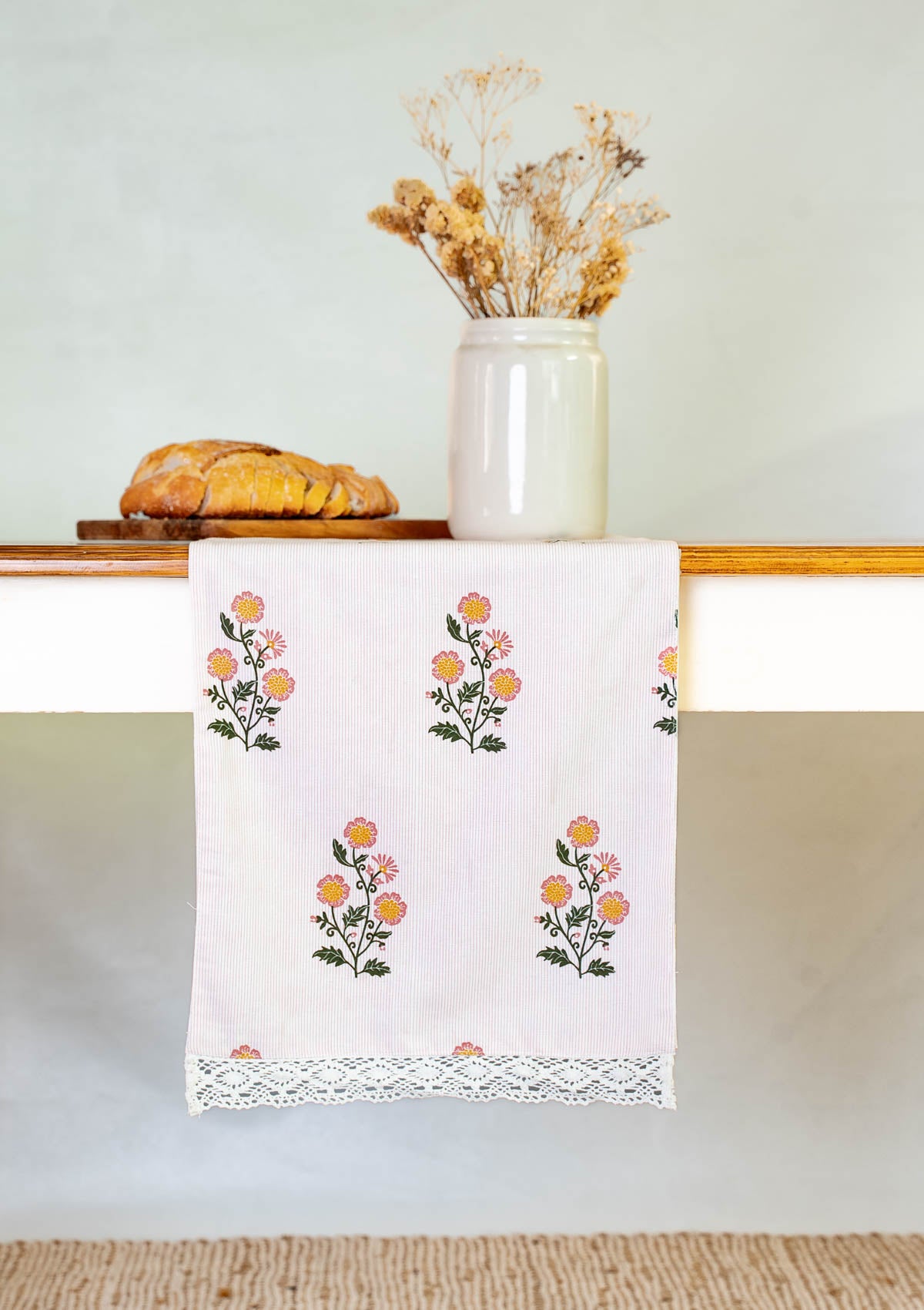 Parijatha Floral printed 100% Cotton Table Runner with white Lace for 4 seater, 6 seater and 8 seater dining - Rust and Mustard