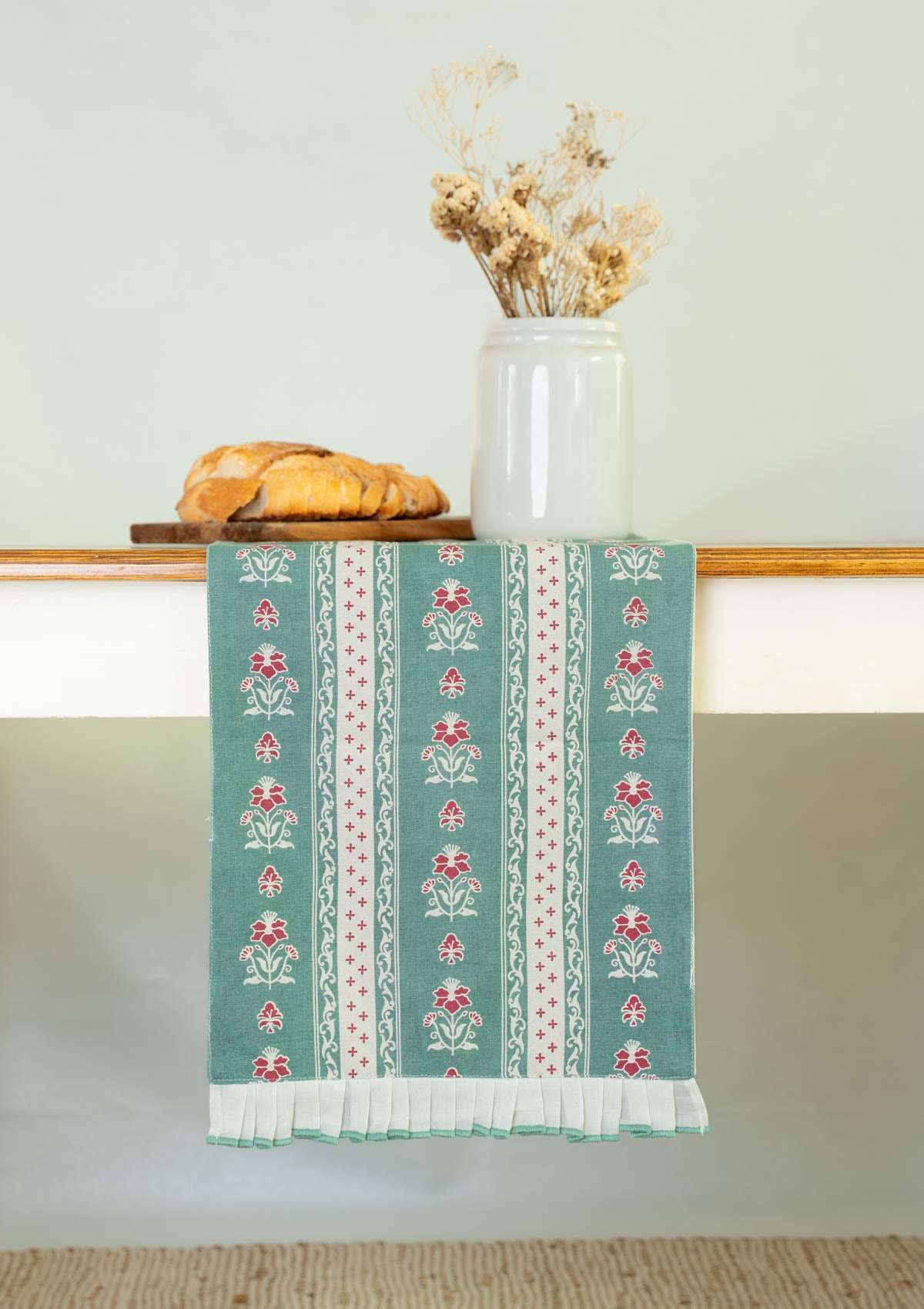 Kala 100% Cotton Table Runner with cream lace for 4 seater and 6 seater dining - Multicolor