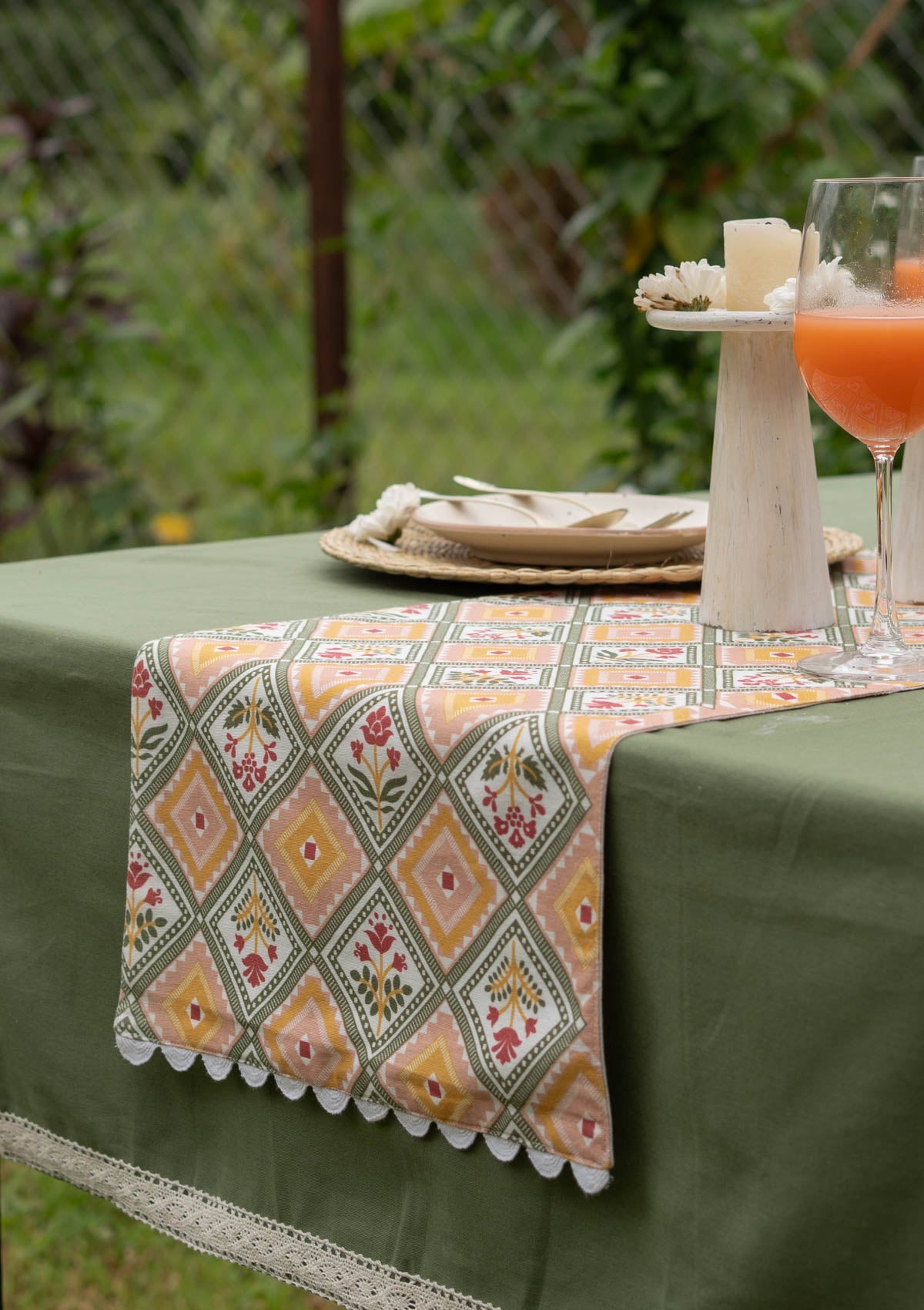 Minakari 100% Cotton Table Runner with scaloop lace for 4 seater and 6 seater dining - Multicolor