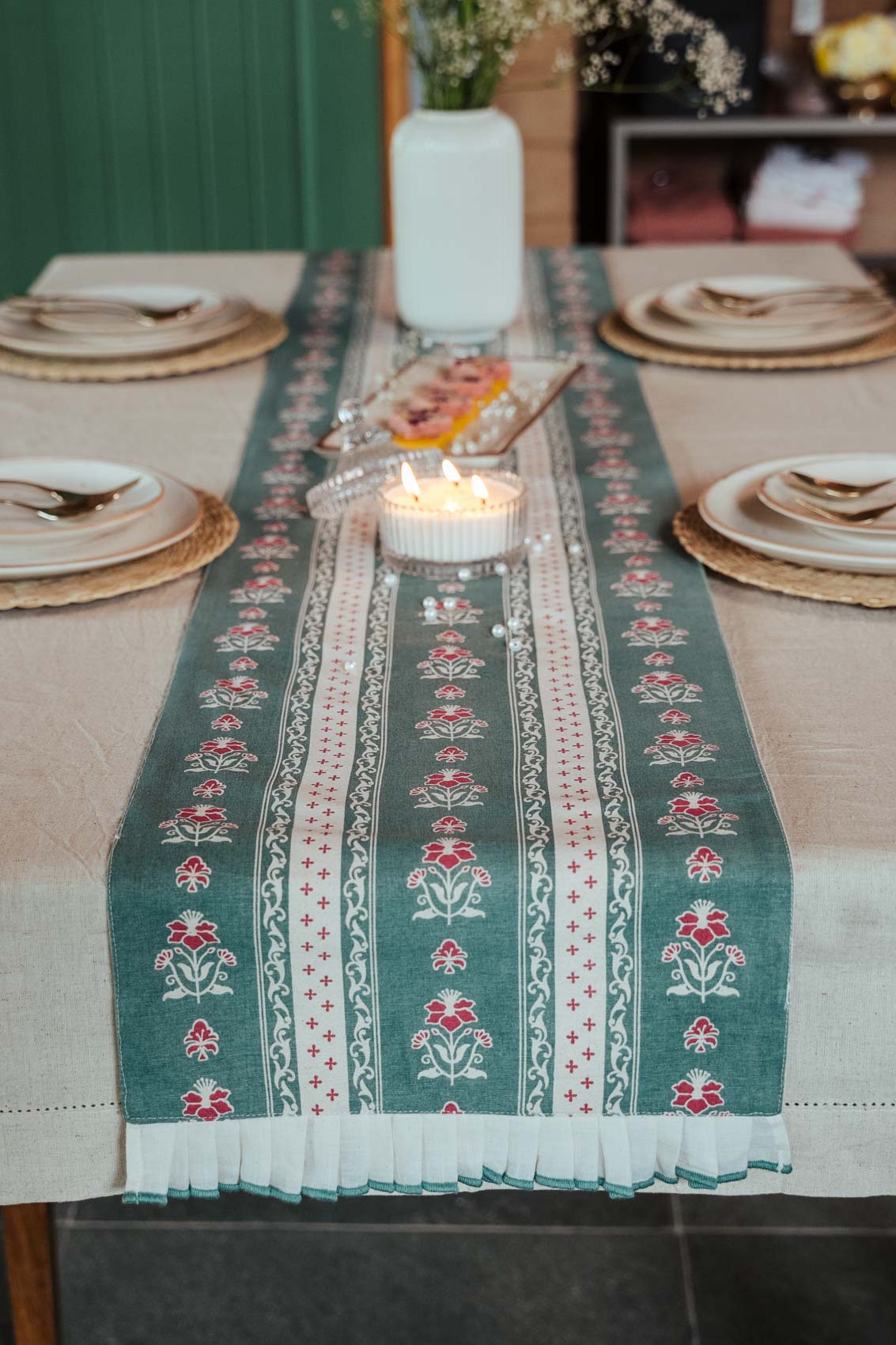 Kala 100% Cotton Table Runner with cream lace for 4 seater and 6 seater dining - Multicolor