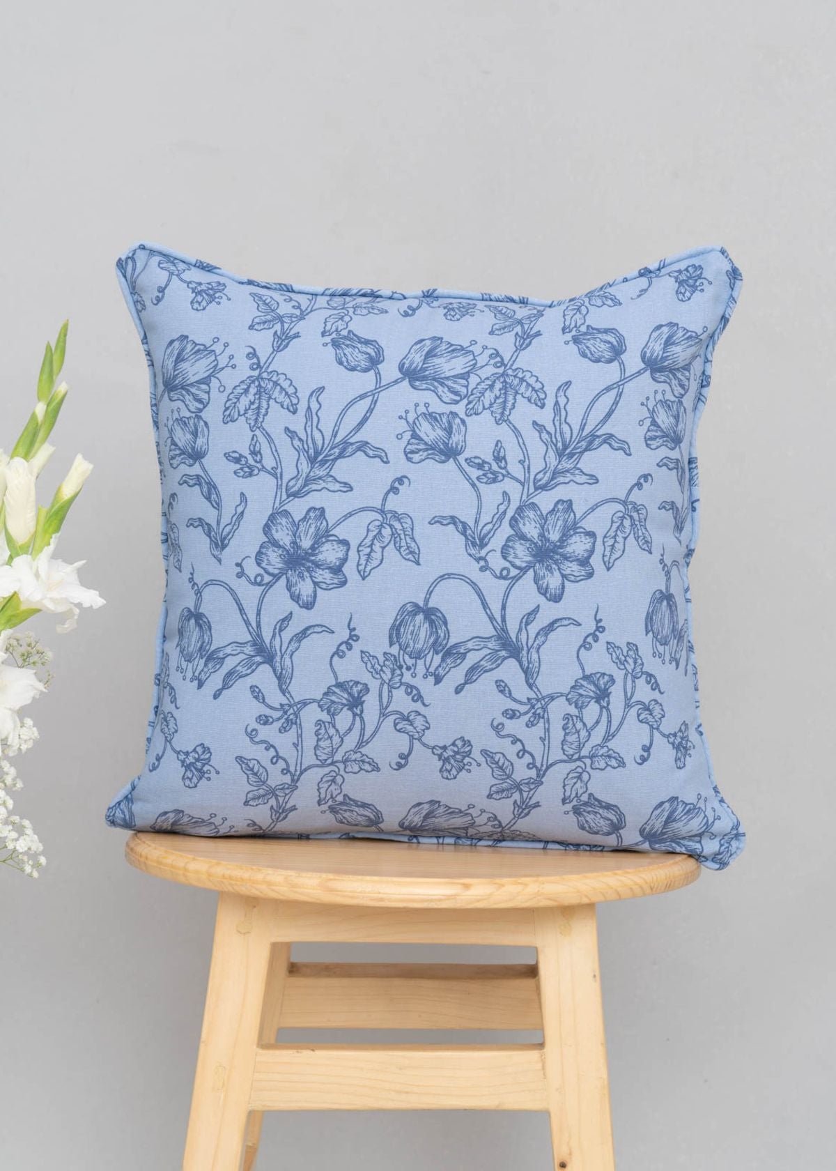 French Farmhouse Printed Cotton Cushion Cover - Blue