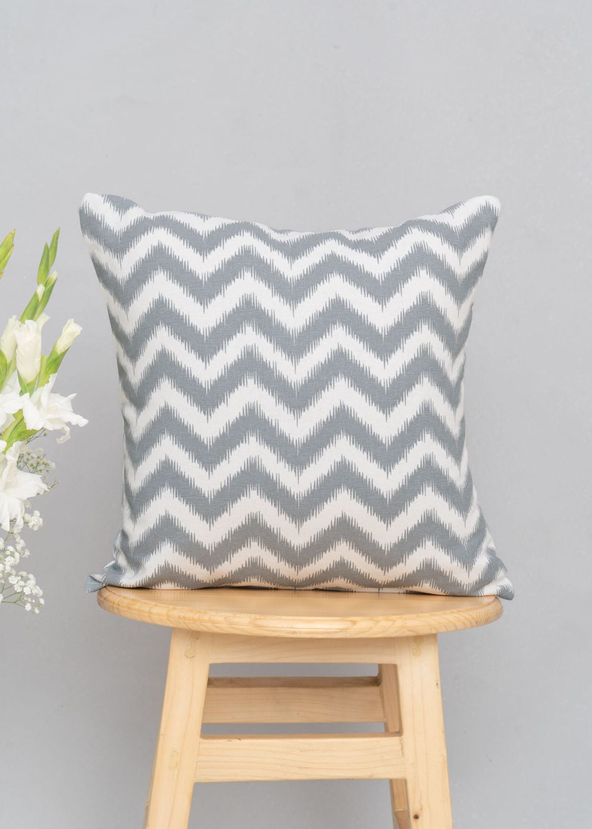 Ikat Chevron Printed Cotton Cushion Cover - Grey