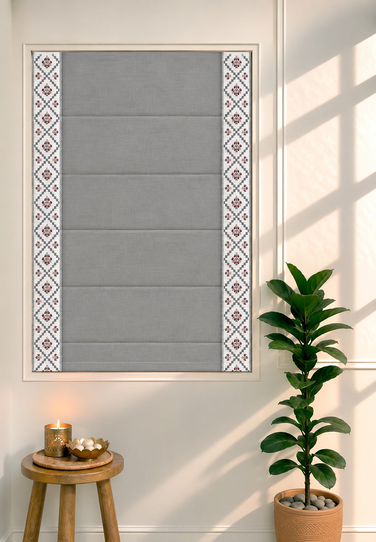 Ketaki Ultimate Grey & Blue Geometric 100% Cotton Embroidered Blind For Livingroom / Bedroom | Room Darkening